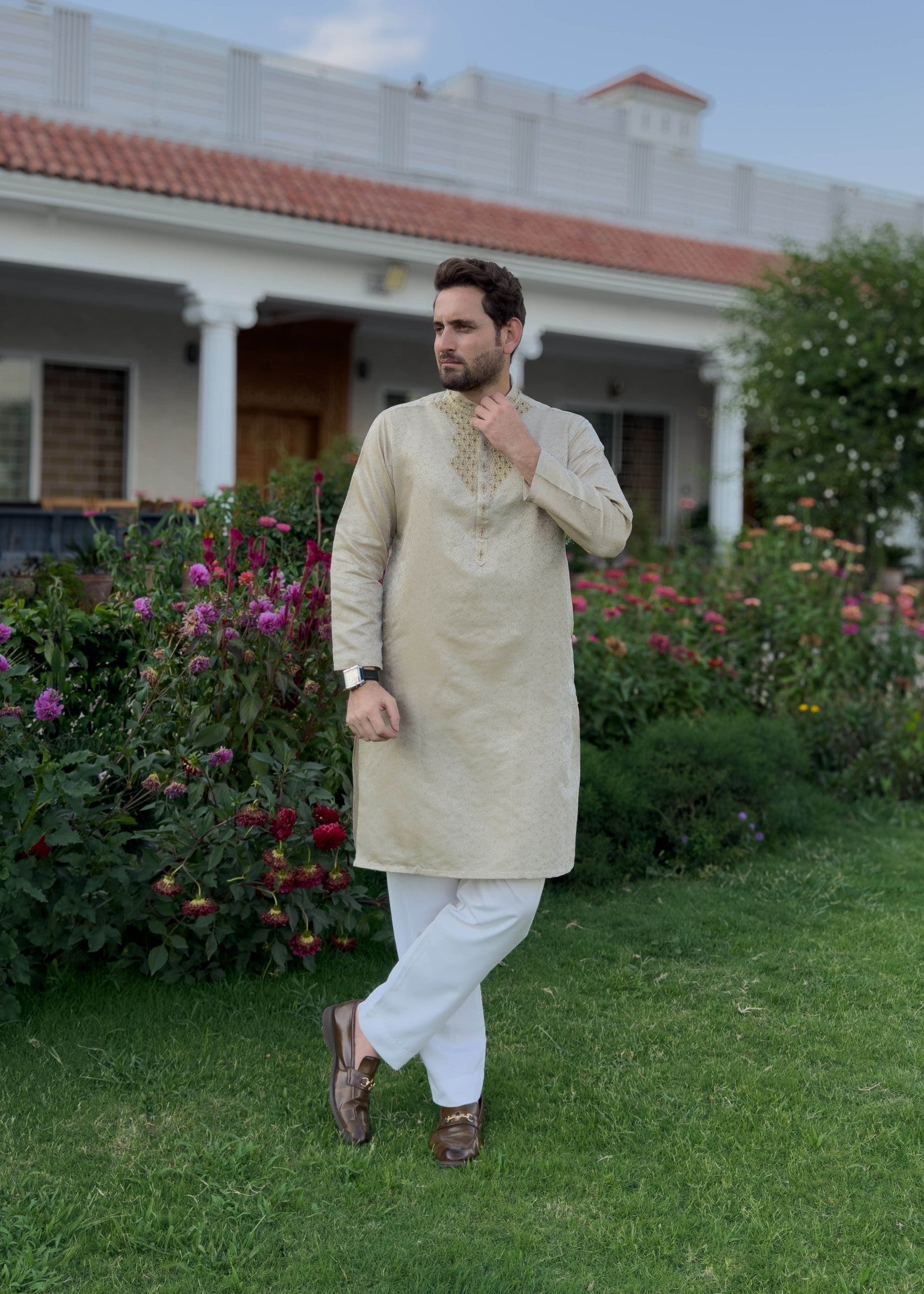 traditional jamawar Kurta in Tan brown