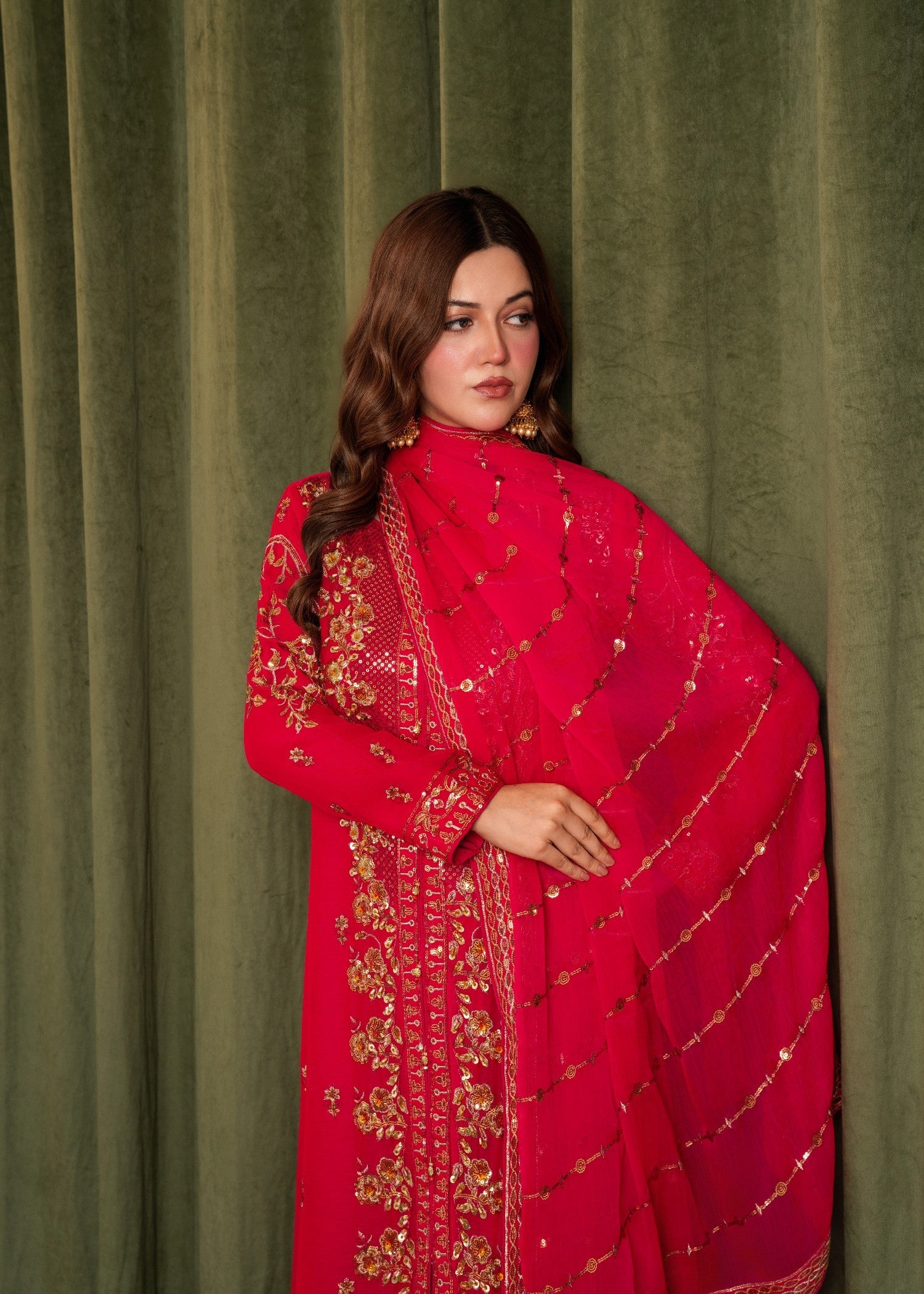 crinkle chiffon Kurta Set in Hot pink