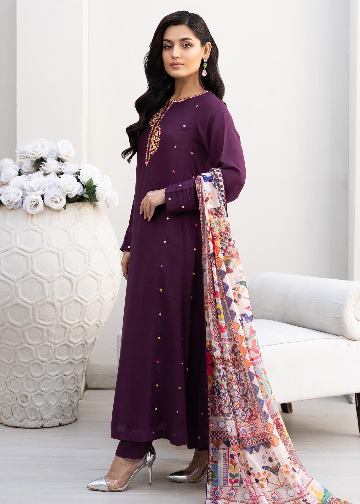 linen Pishwas in Purple
