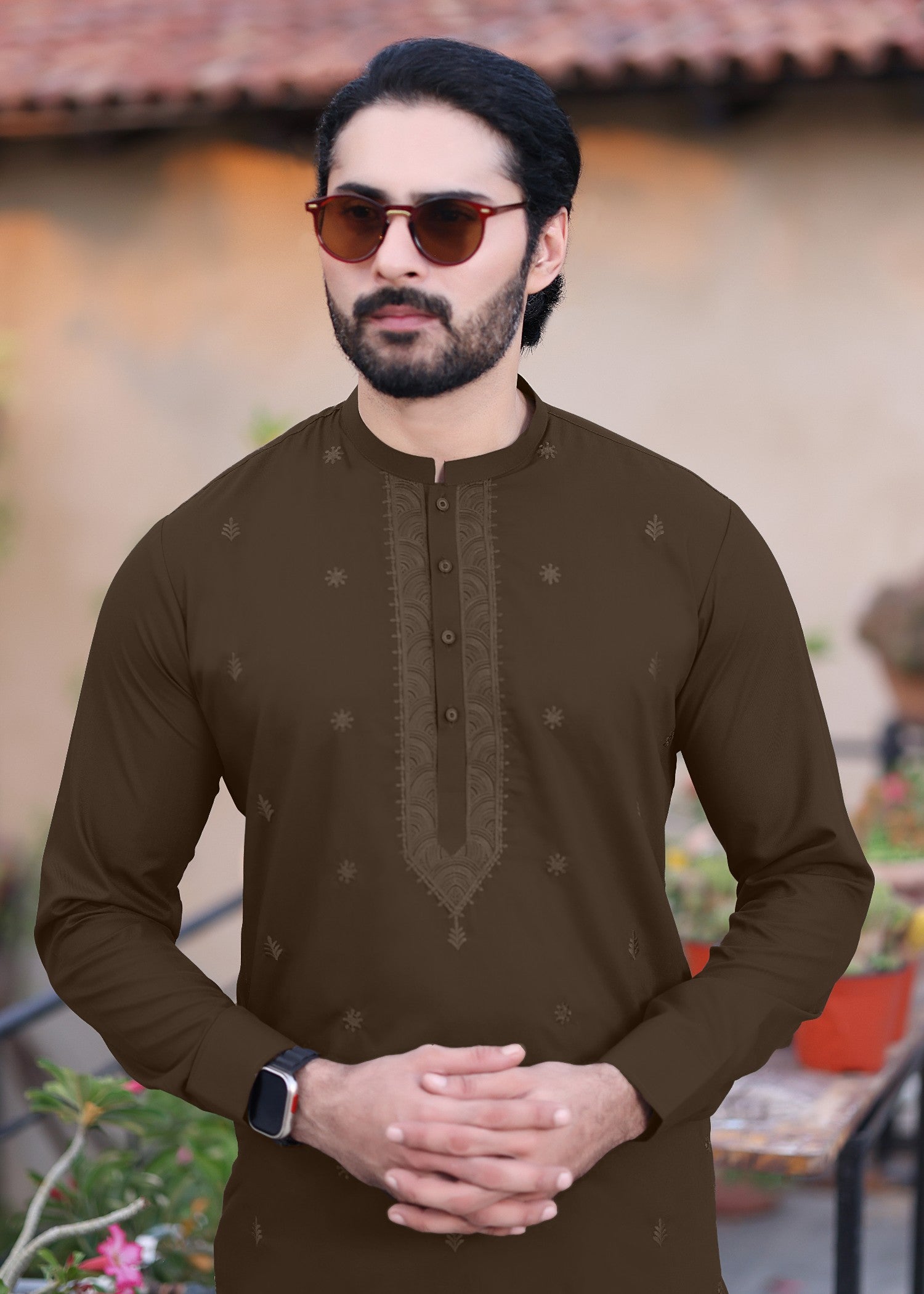 dobby Kurta Set in Brown