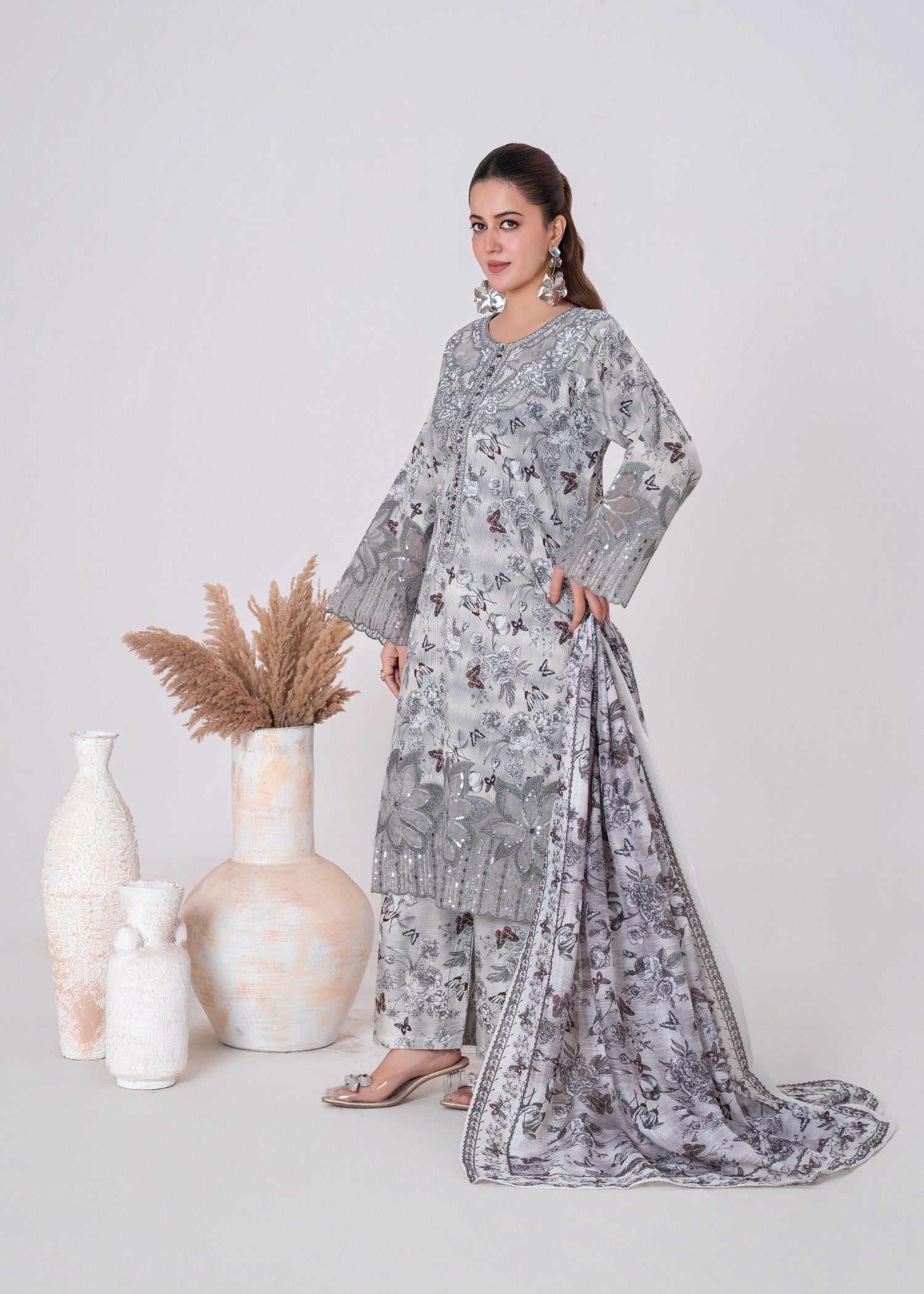 corduroy Kurta Set in White, grey