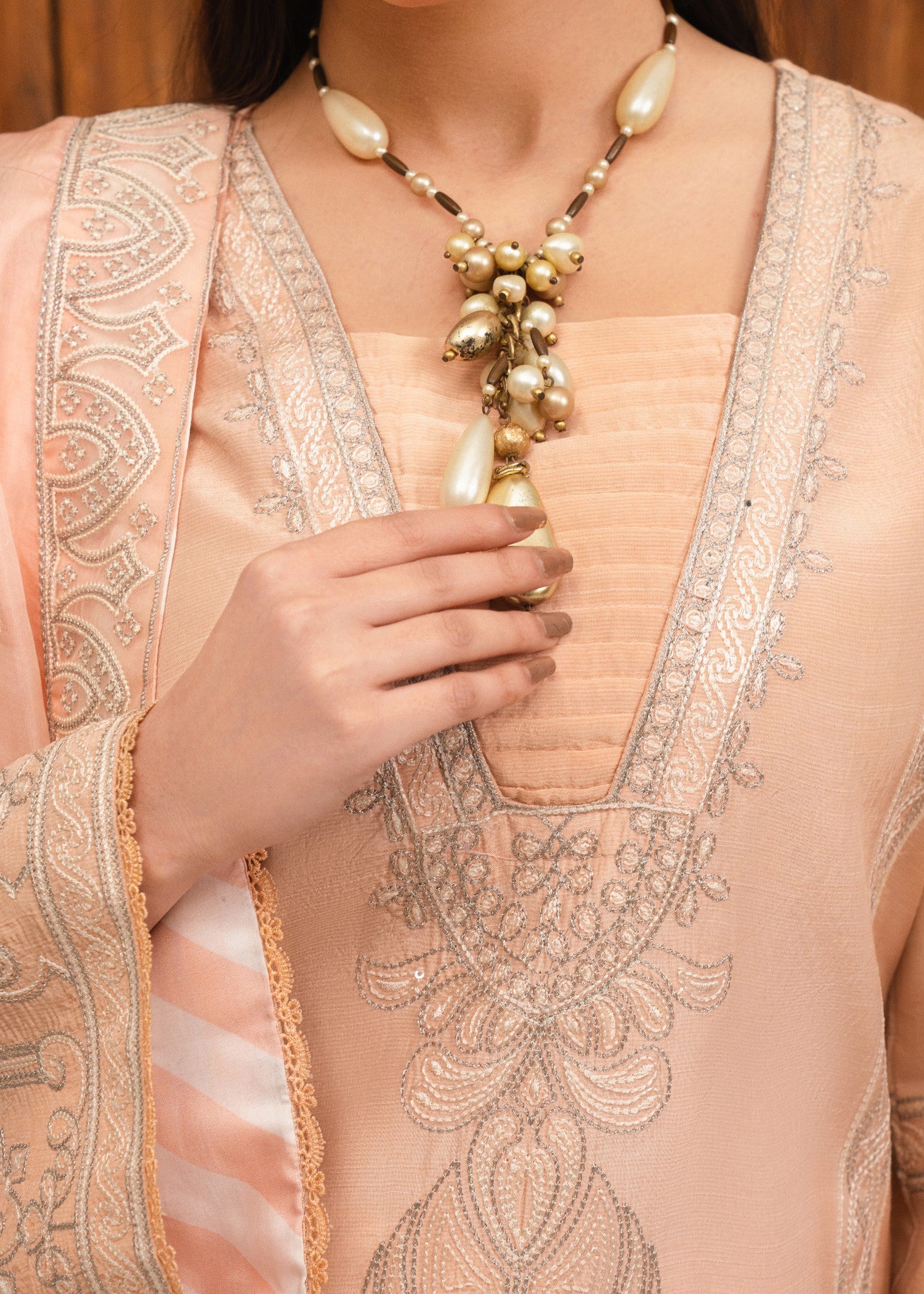 raw silk Kurta Set in Apricot orange, silver