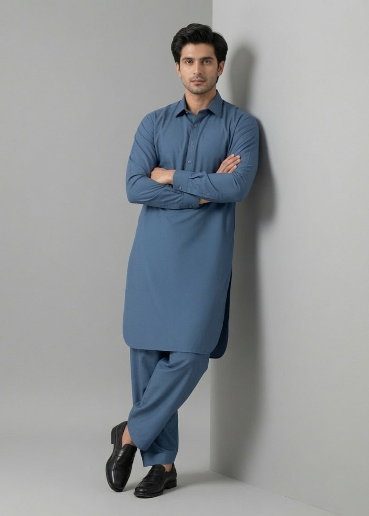 wash & wear Shalwar Kameez in Prussian blue by Hinz