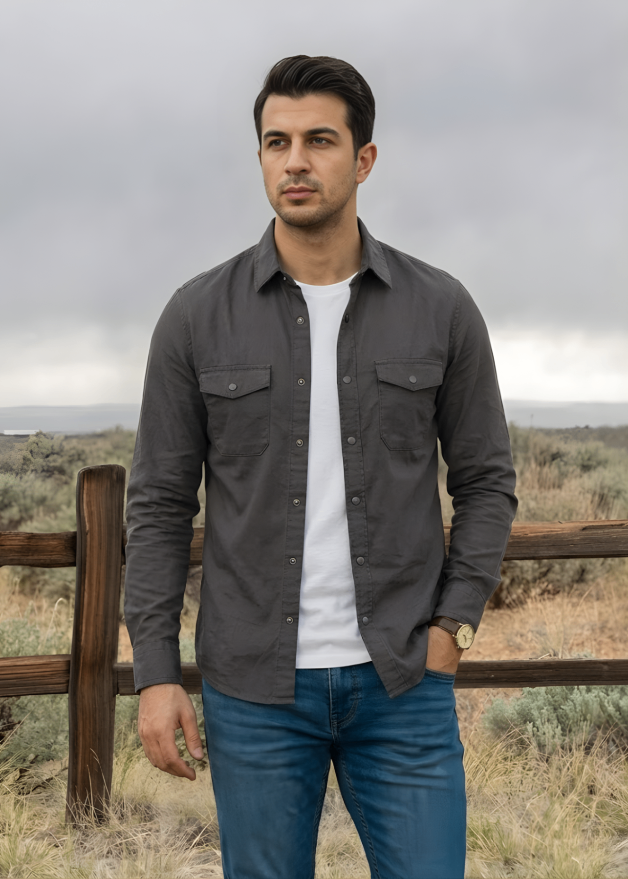 stretch denim Casual Shirt in Brown