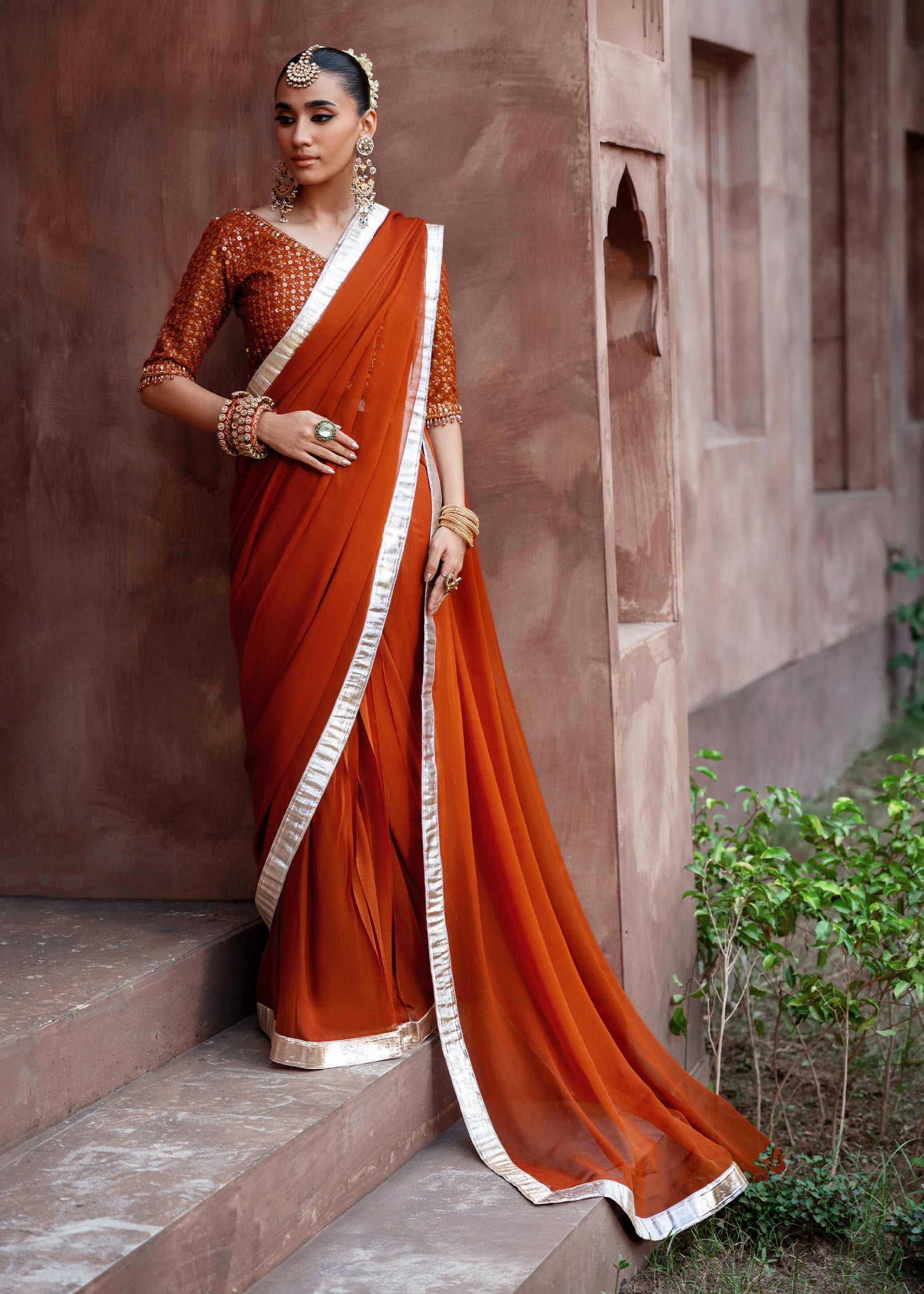 chiffon Saree in Rust orange