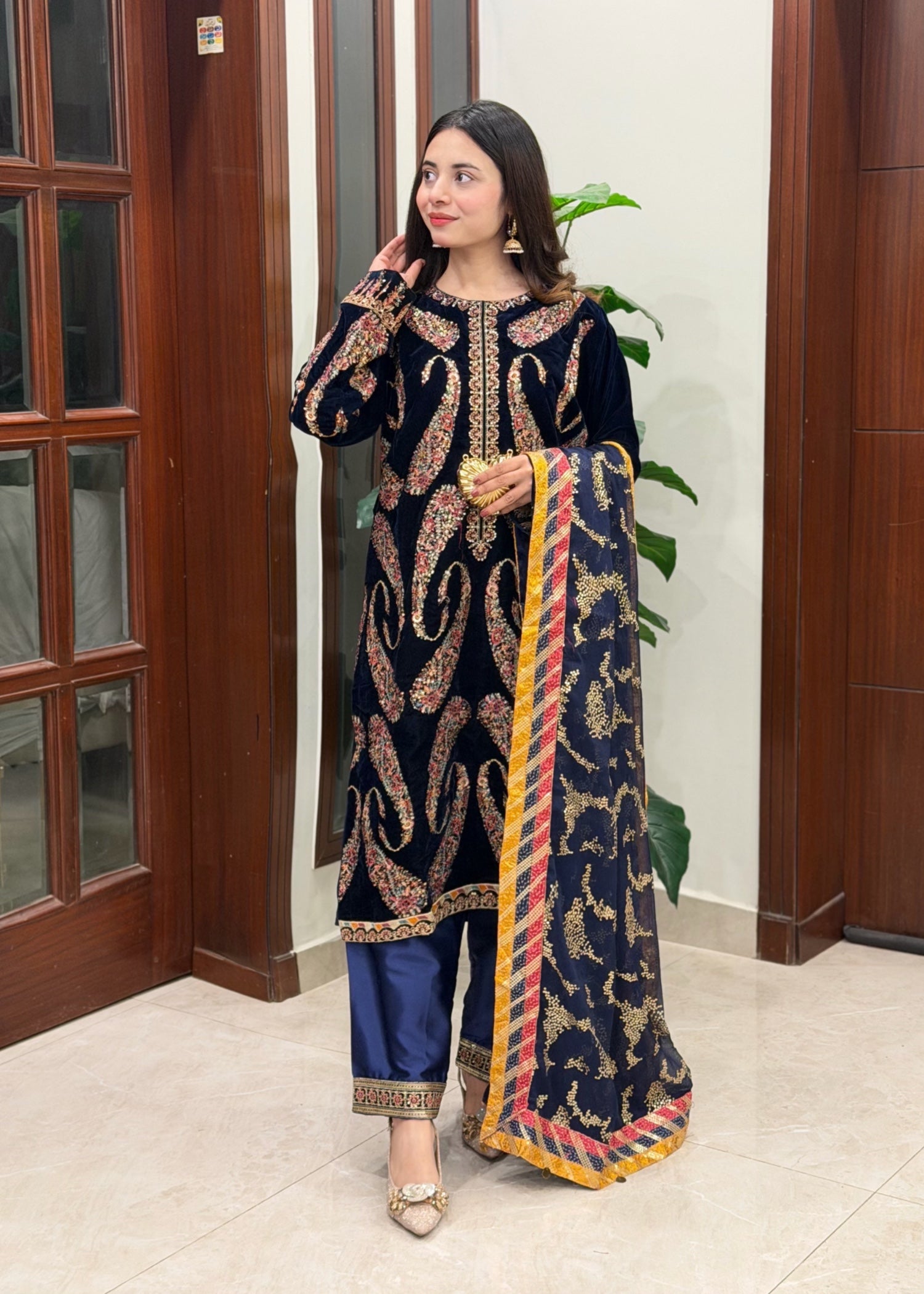 velvet Kurta Set in Dark blue
