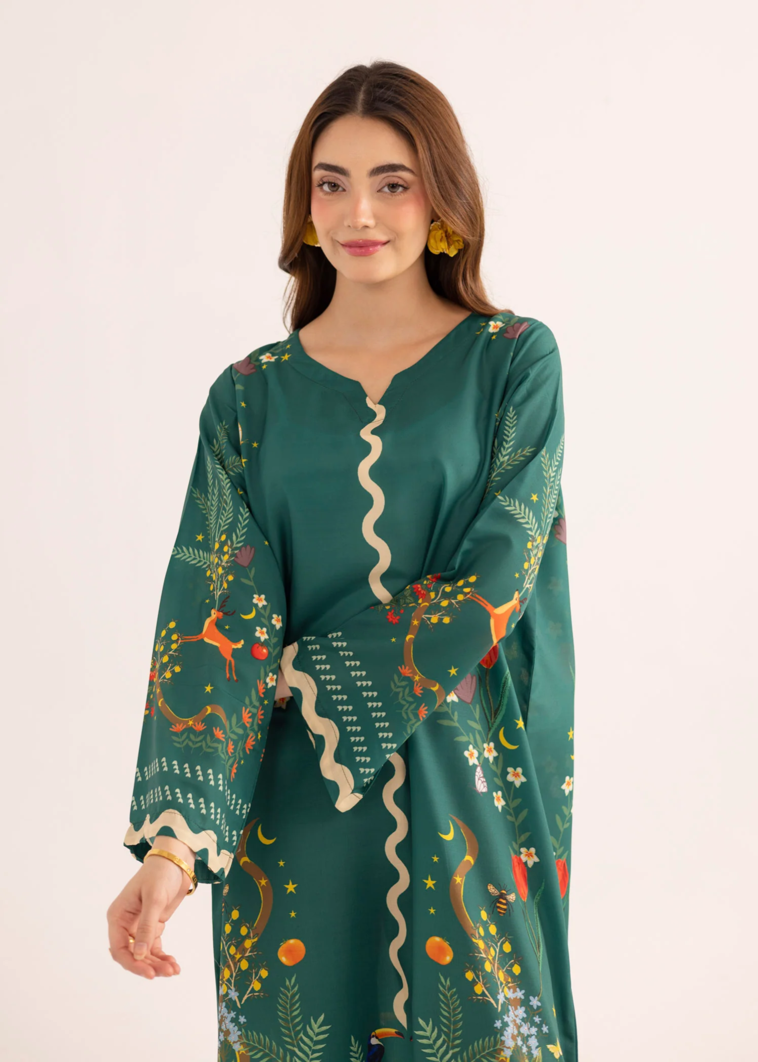 silk finish lawn Kaftan in Sea green