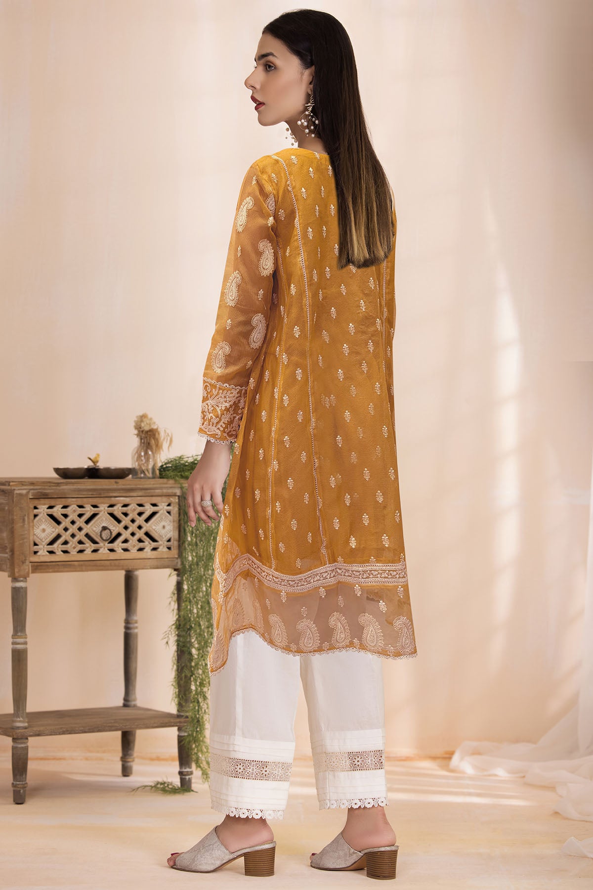 silk cotton net Kurta Set in Gold