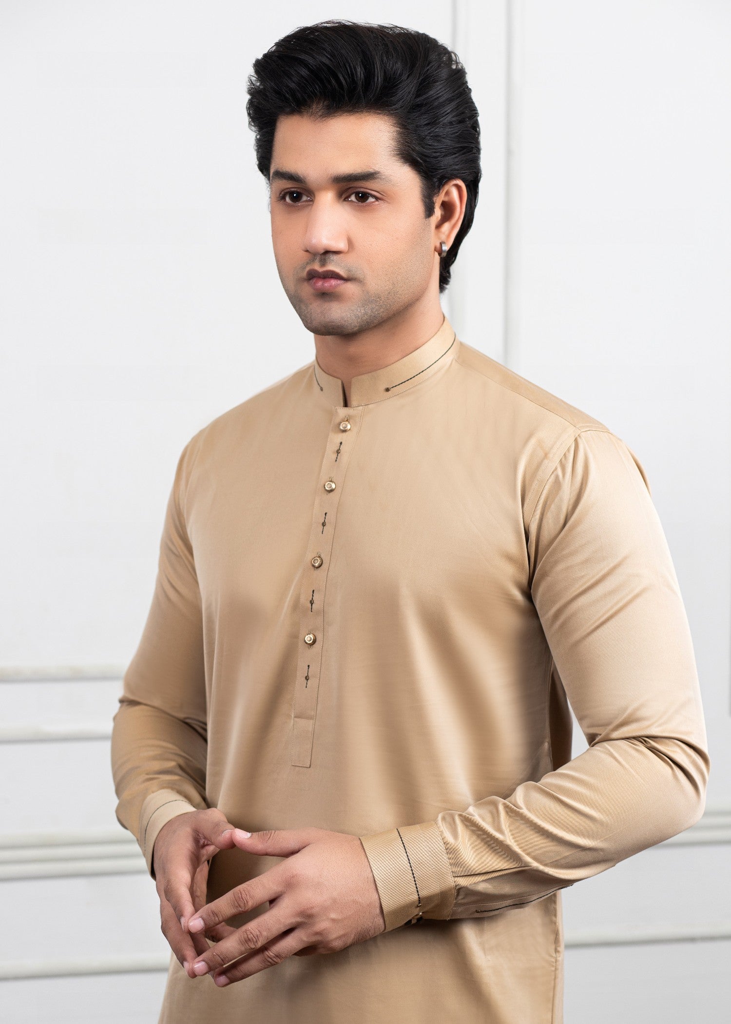 cotton satin Shalwar Kameez in Camel brown by J Pardesi
