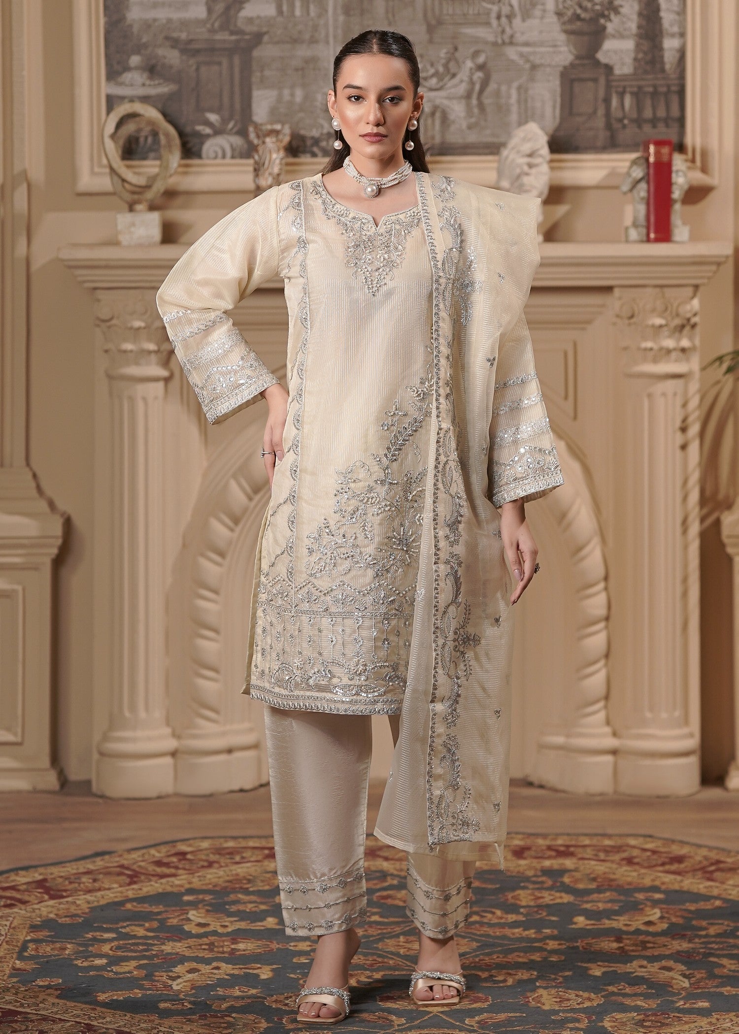 organza Kurta Set in Beige