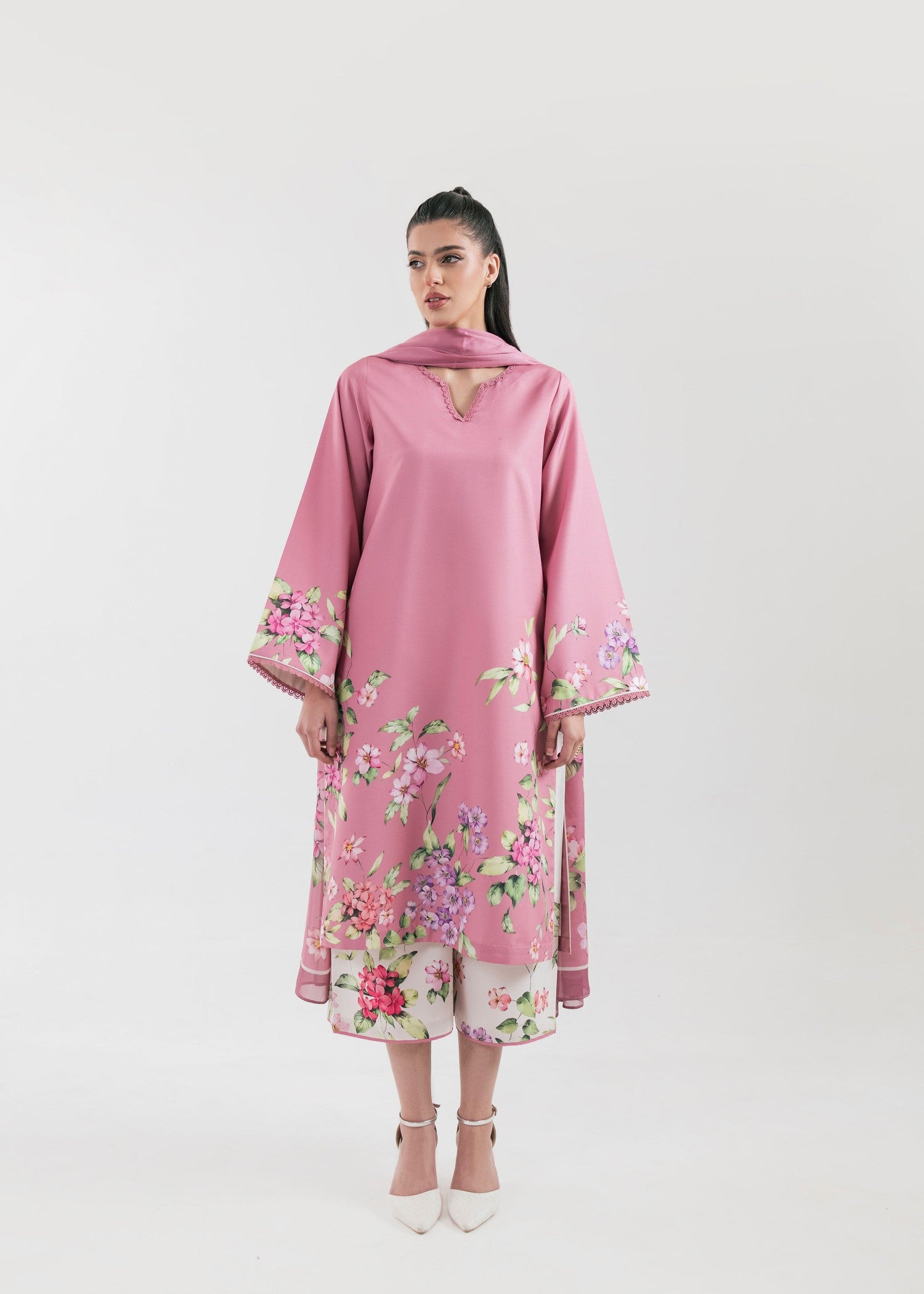 poly lawn Kurta Set in Bubblegum pink