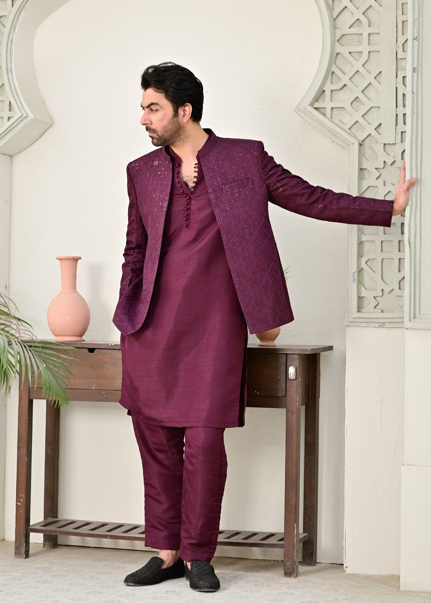 raw silk Prince Coat in Burgundy by HK Fashion