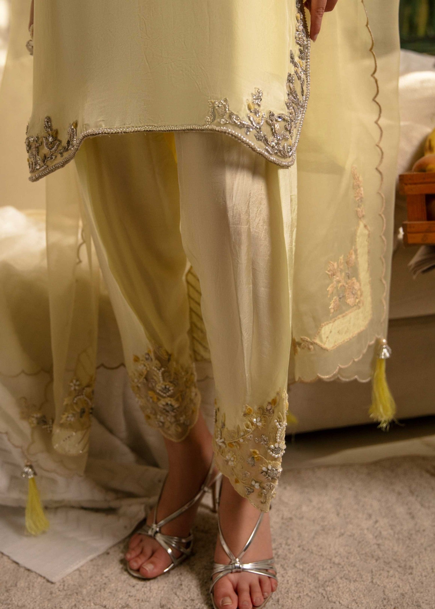 tussar silk Kurta Set in Light yellow