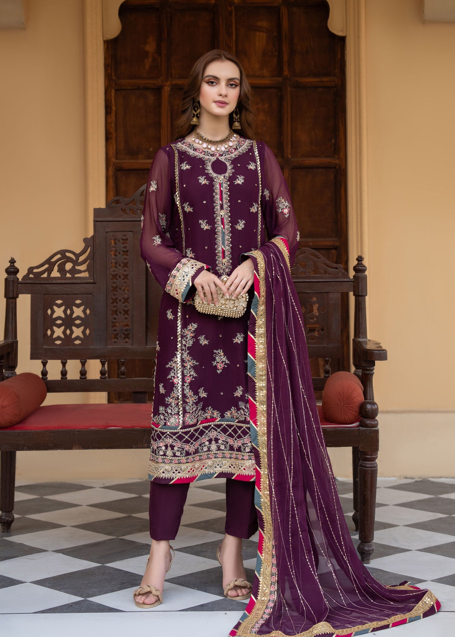 chiffon Kurta Set in Plum