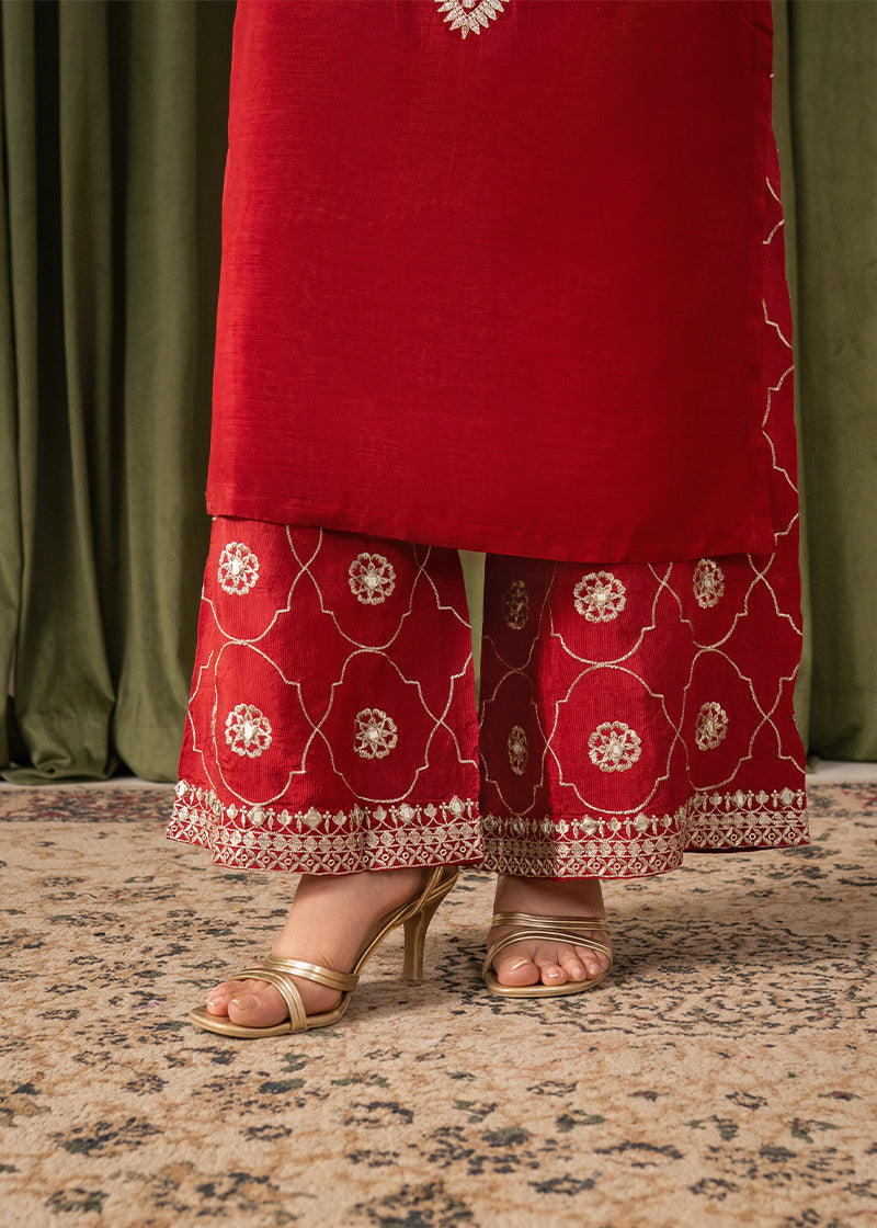 korean raw silk Kurta Set in Spicy red