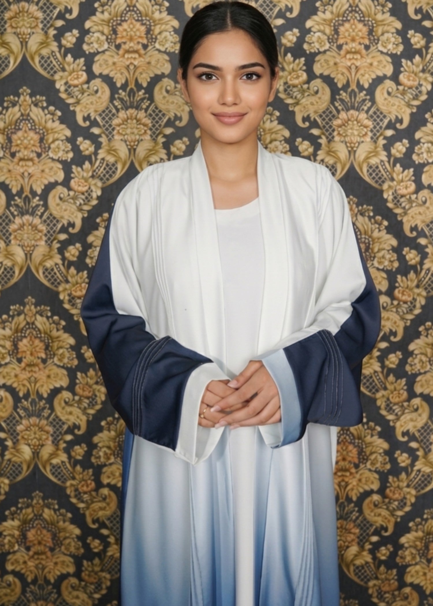 thai silk Abaya in Blue, white
