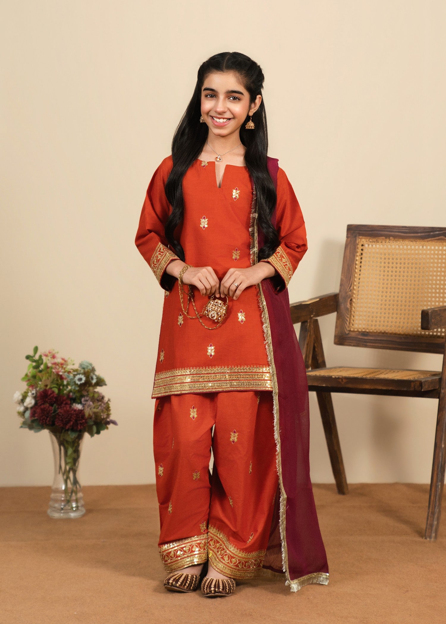 cotton Kurta Set in Rust orange