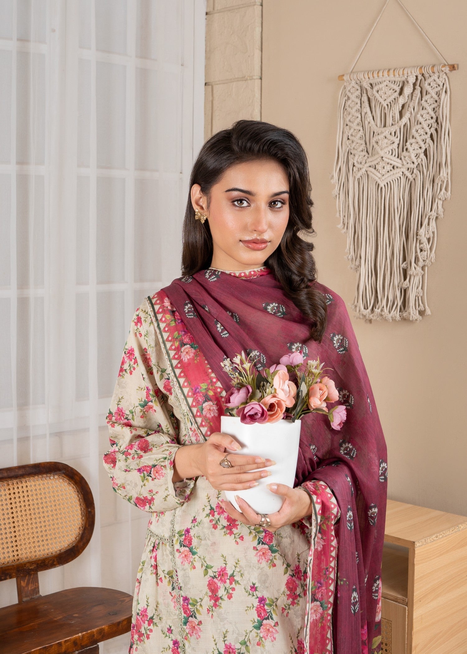 textured lawn Kurta Set in Cream