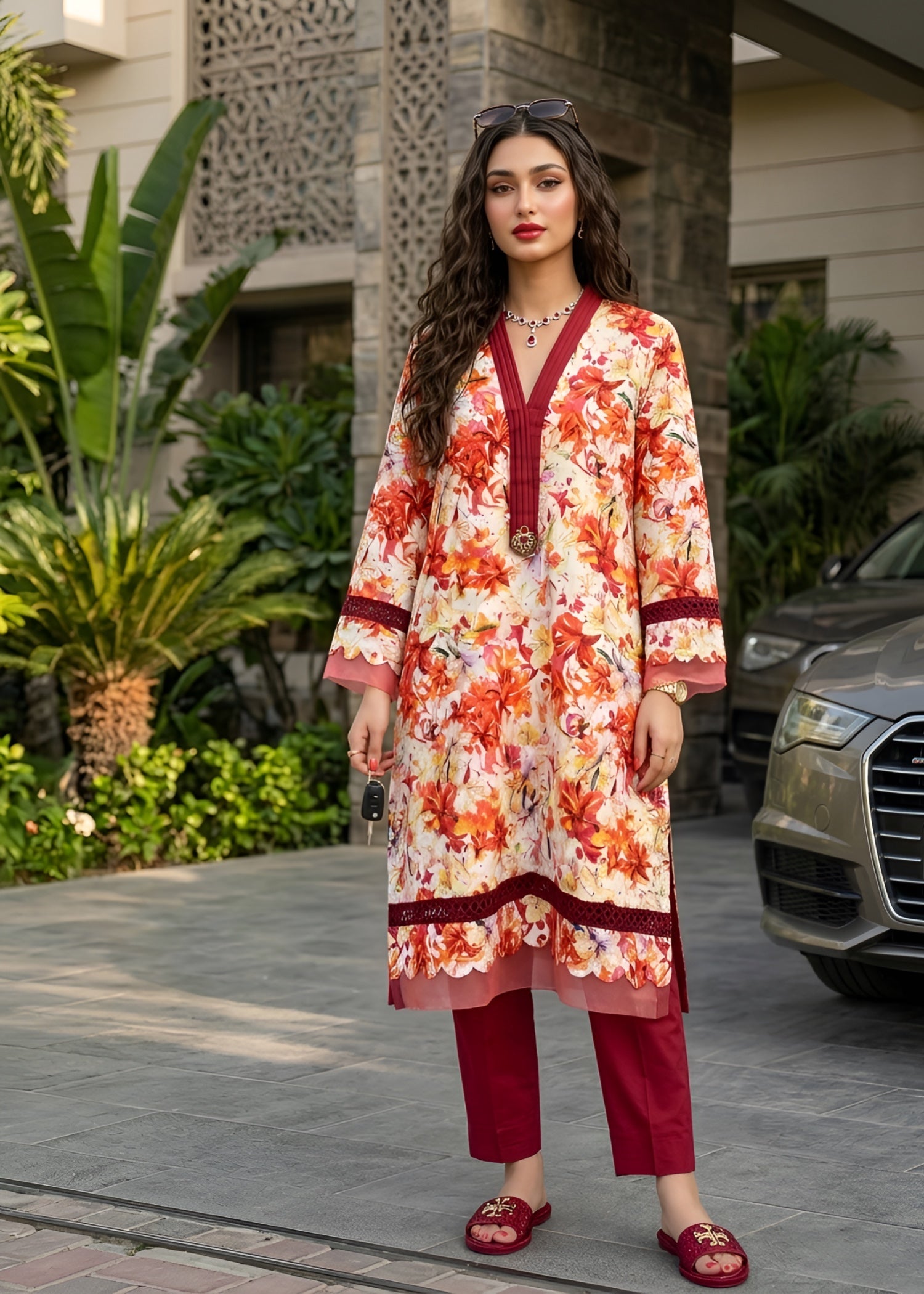 lawn Kurta Set in Maroon, coral orange, coral red