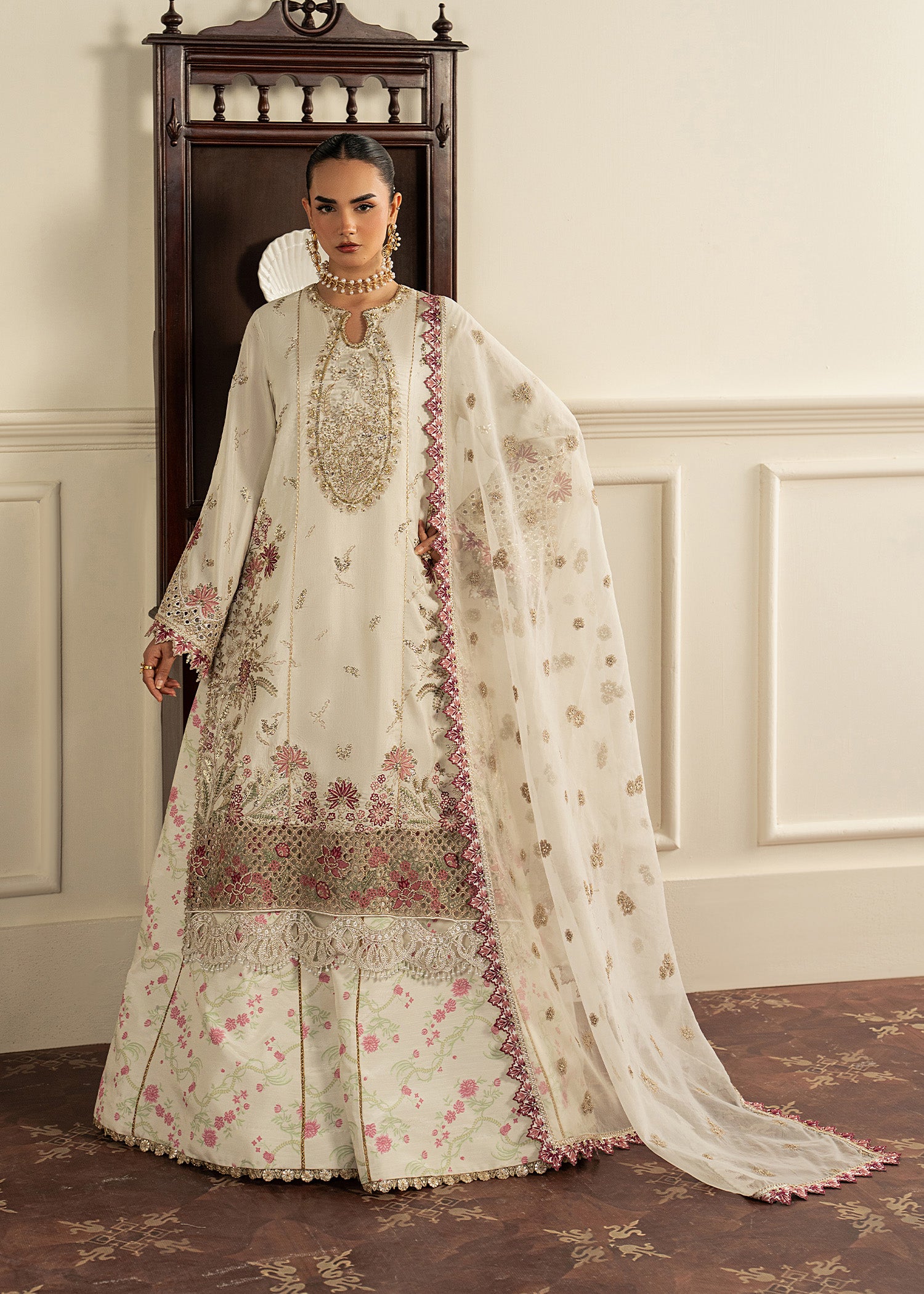korean raw silk Sharara in White