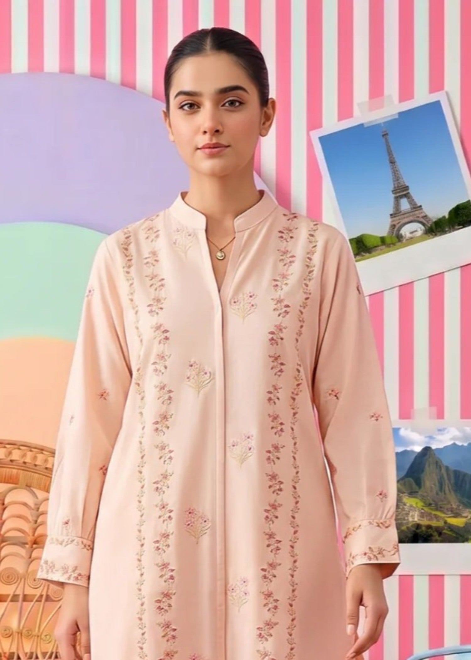 jacquard Kurta Set in Peach orange