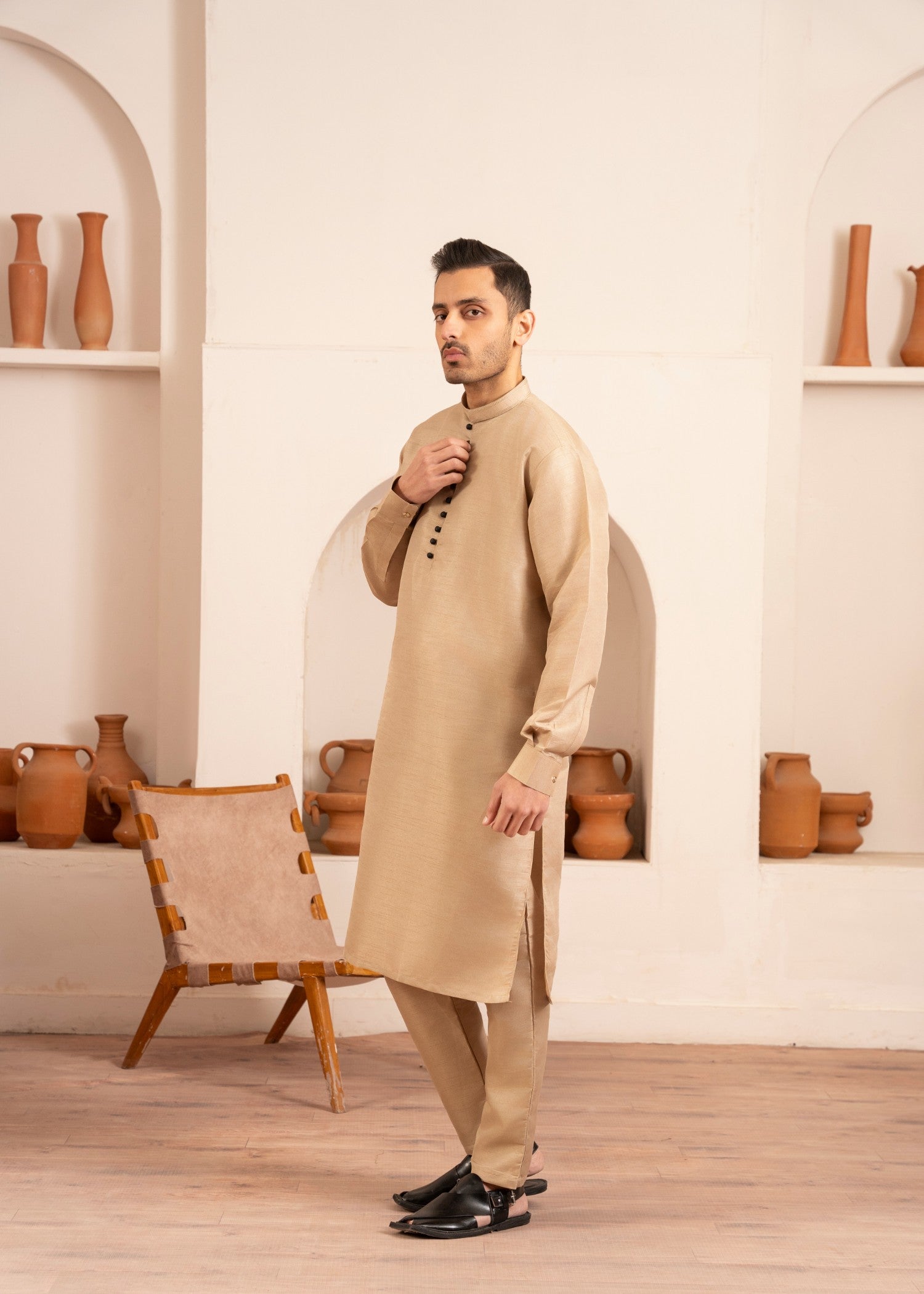 raw silk Kurta Set in Wheat