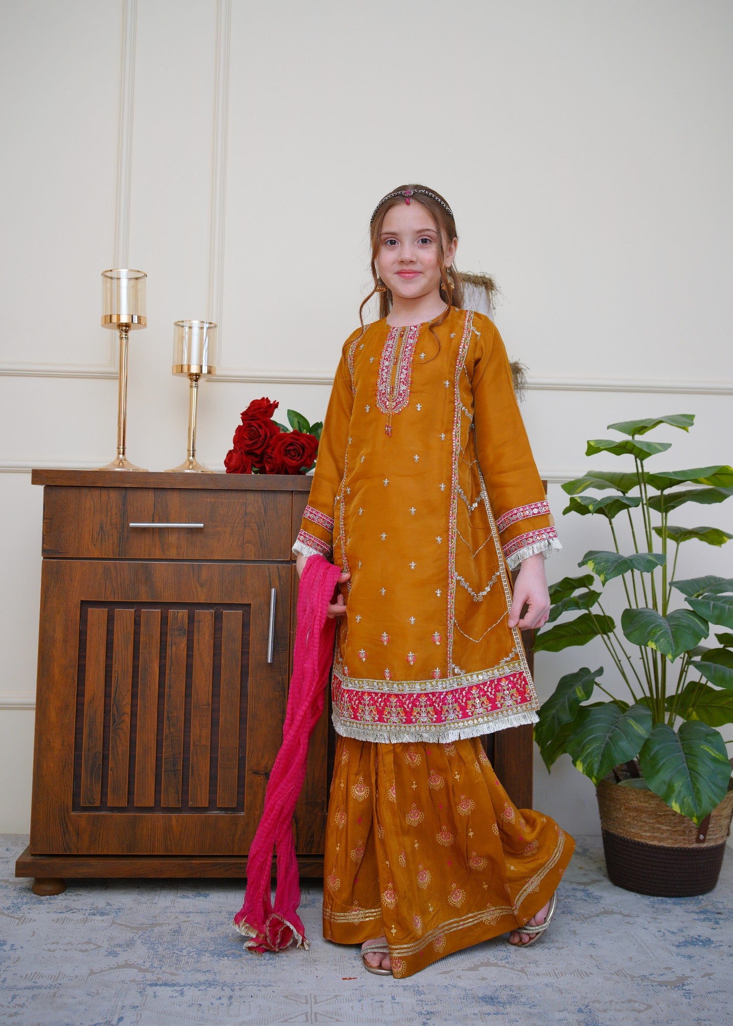 organza Gharara in Mari gold