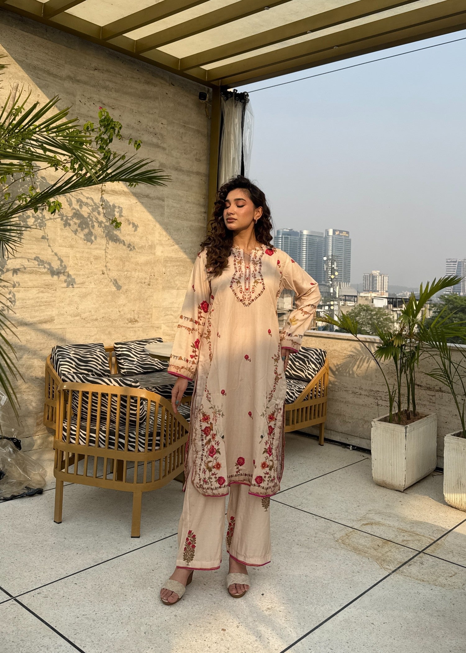 dobby Kurta Set in Beige