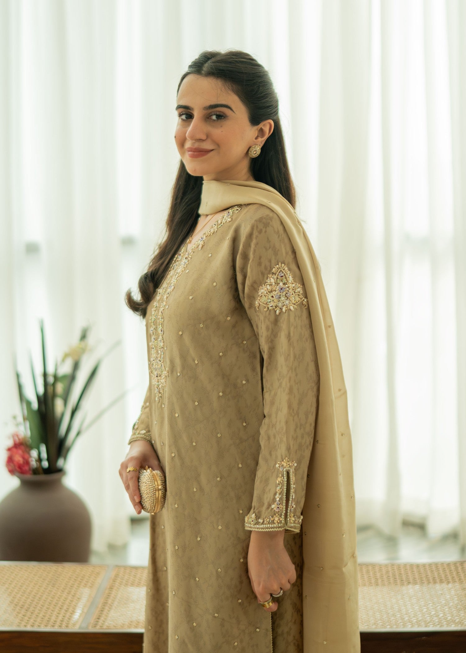 silk Kurta Set in Camel brown