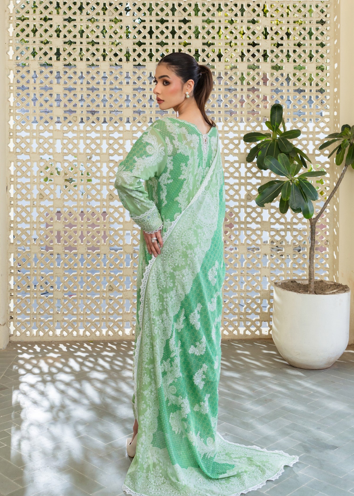 smoky georgette Unstitched in Moss green