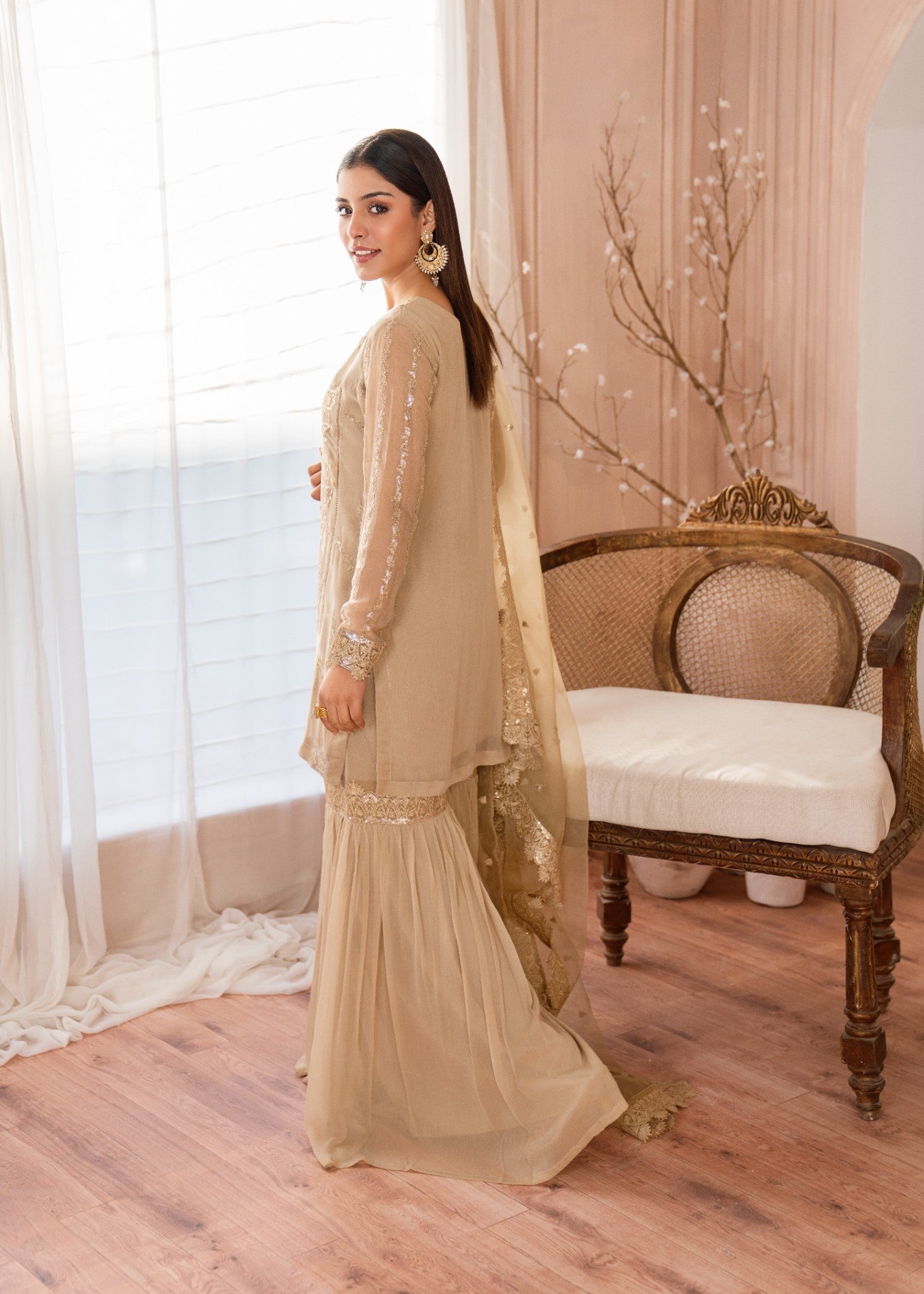 bemberg crinkle chiffon Gharara in Gold
