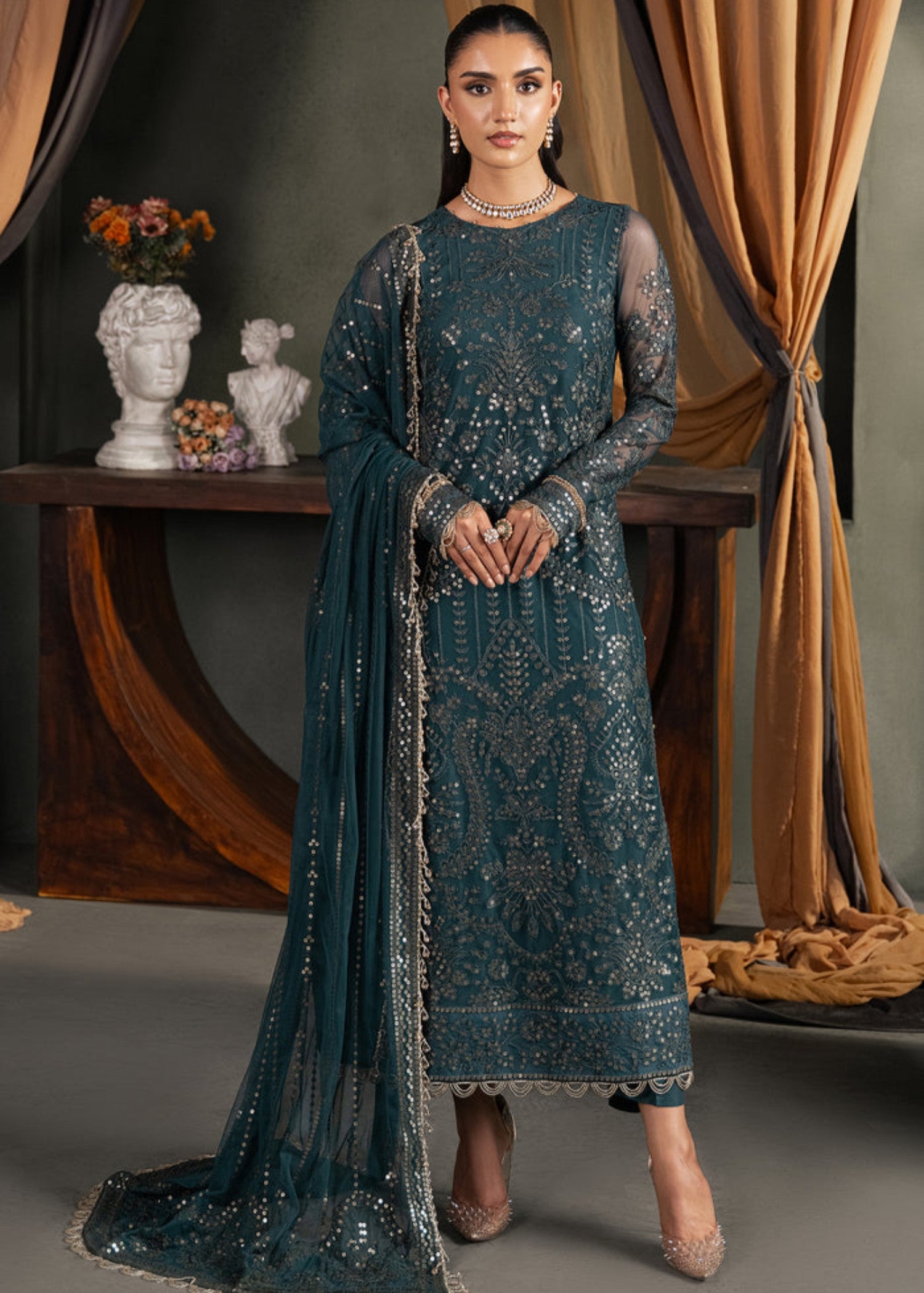 net Kurta Set in Dark green