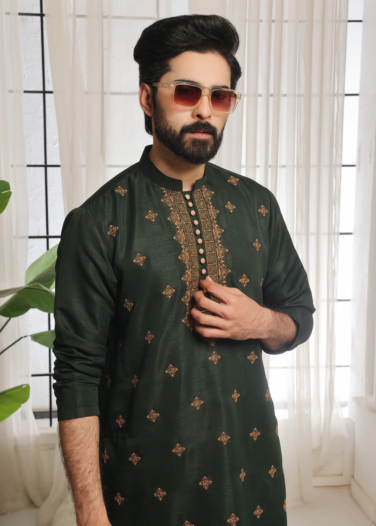 raw silk Kurta Set in Green