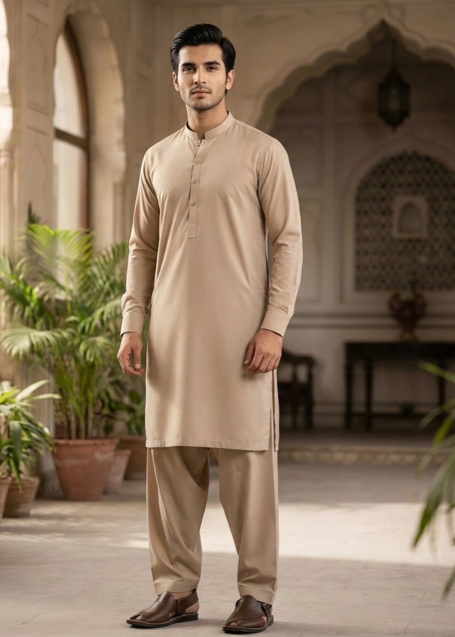 wash & wear Shalwar Kameez in Beige by Waqar Mustafa