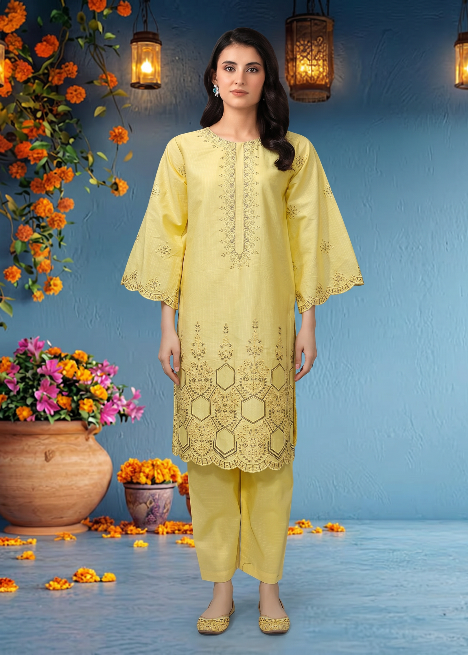 textured lawn Kurti in Lemon chiffon