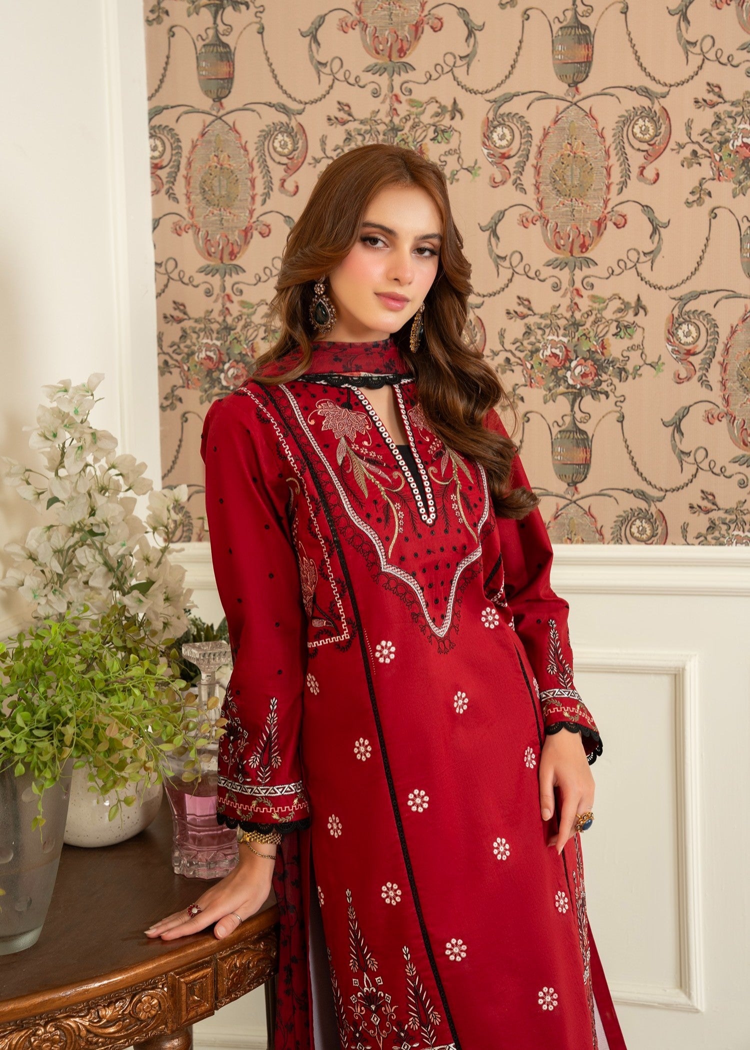 lawn cotton Kurta Set in Red
