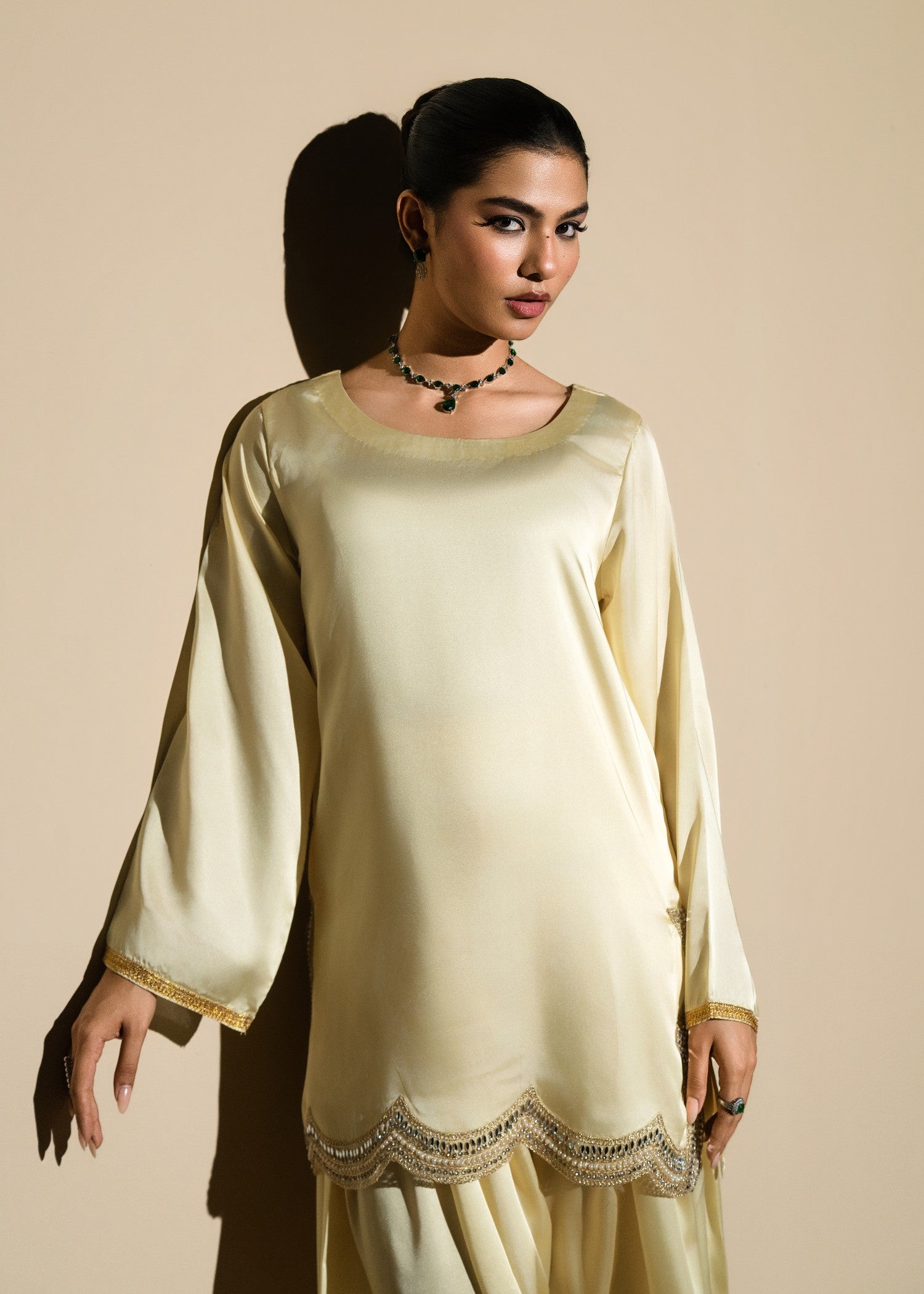 silk Kurta Set in Pale yellow