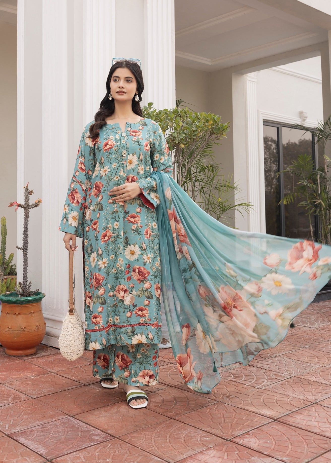 cotton viscose Unstitched in Teal