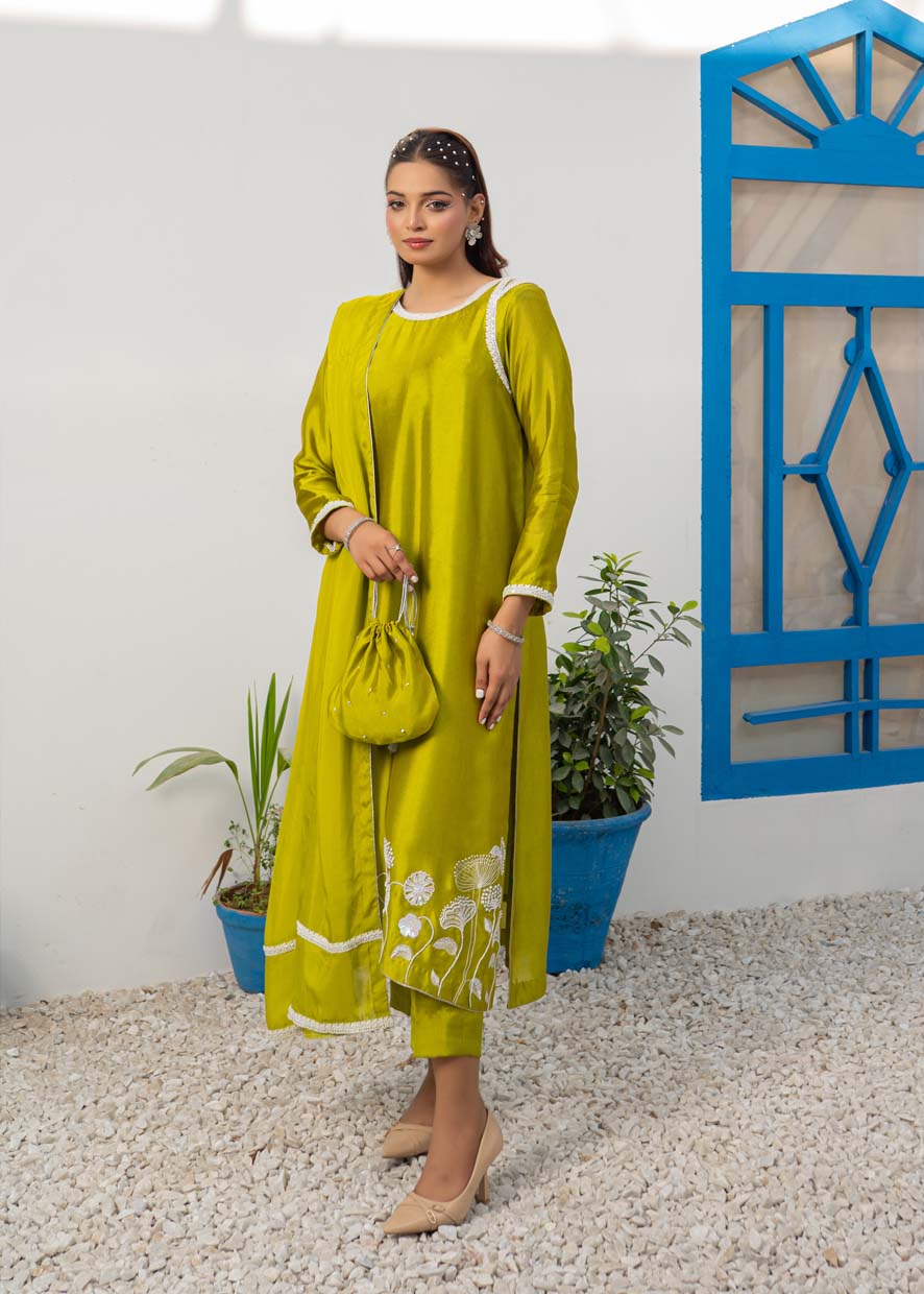 pure silk Kurta Set in Lime green