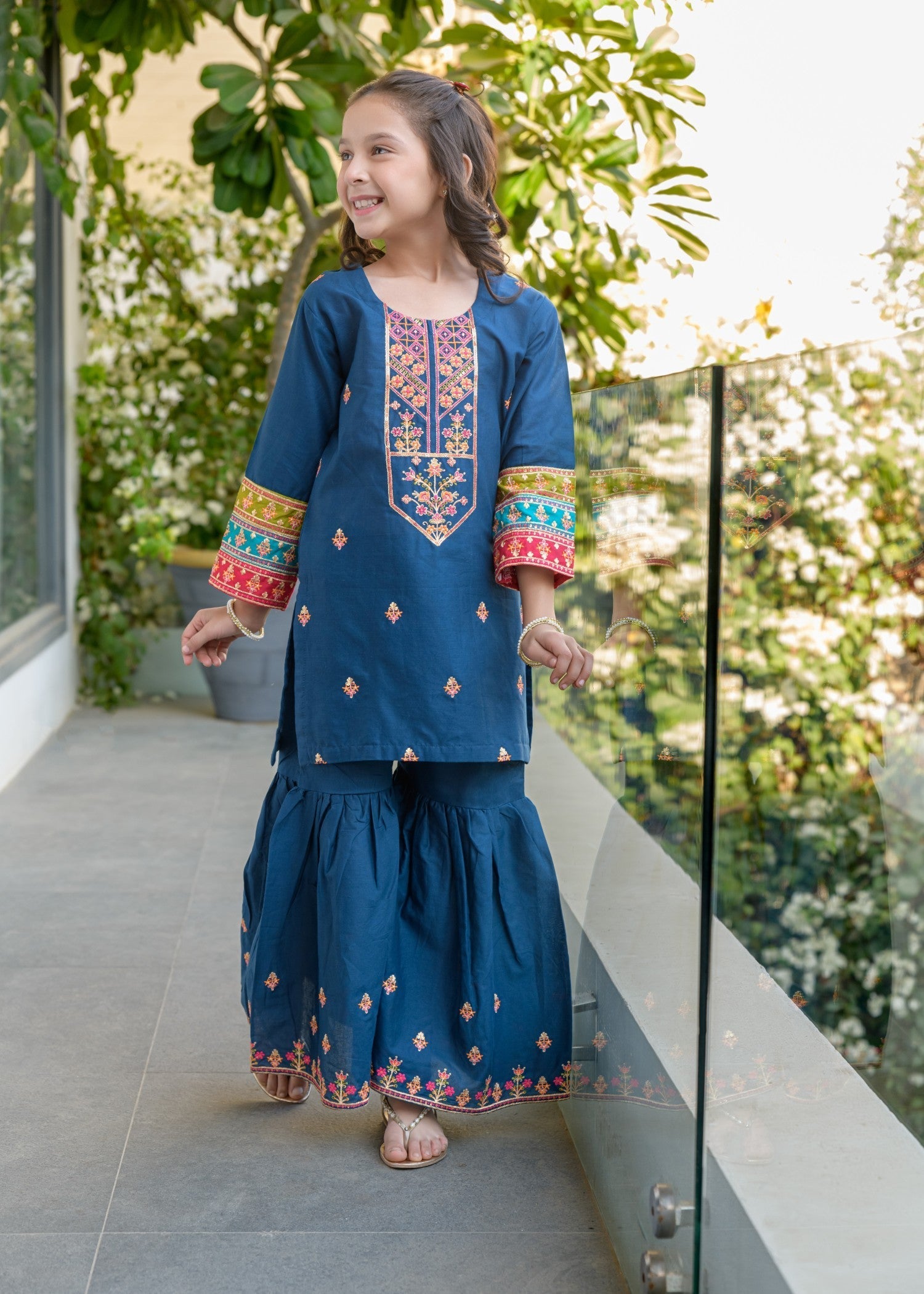 lawn Gharara in Dark blue