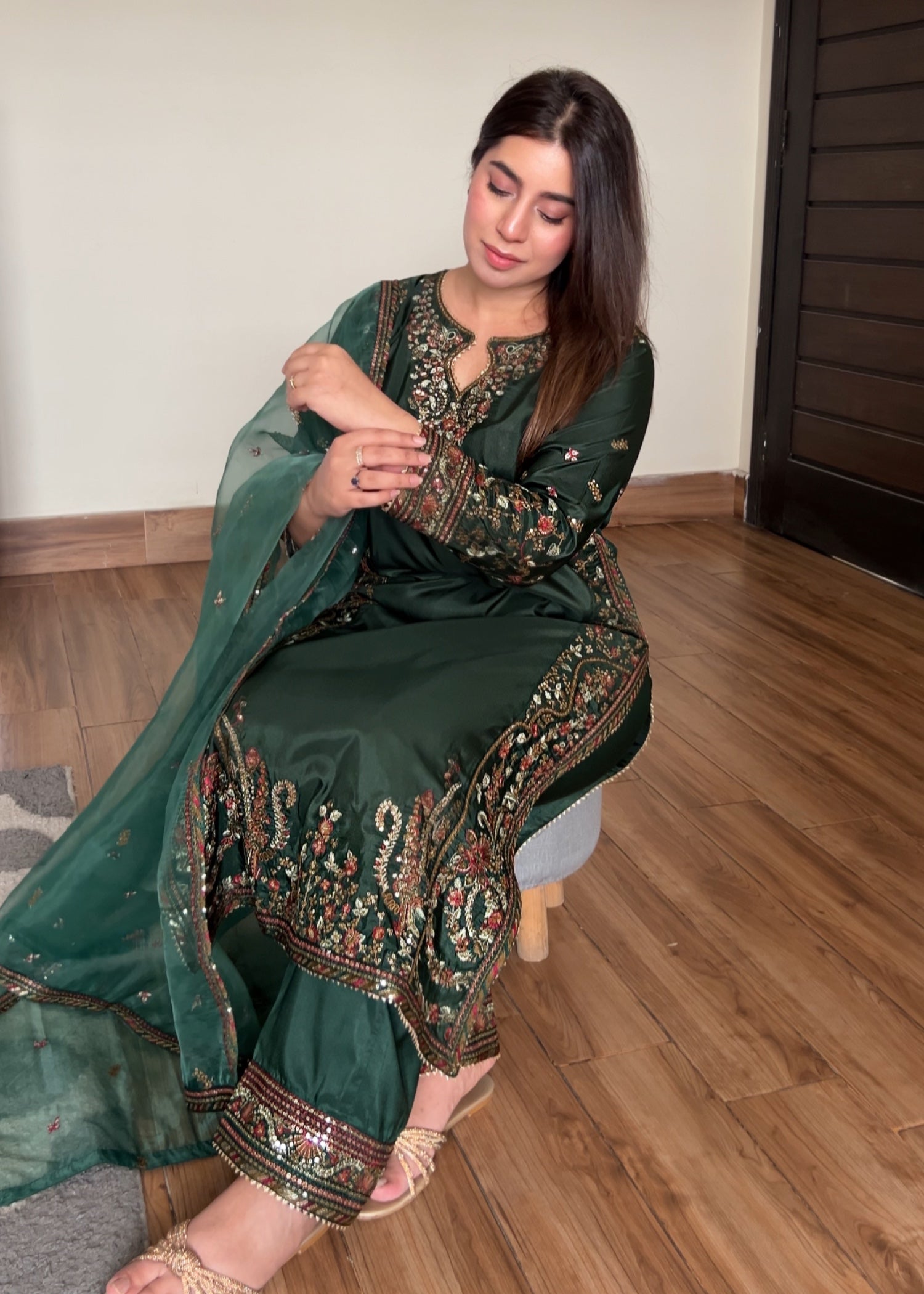 silk Kurta Set in Dark green