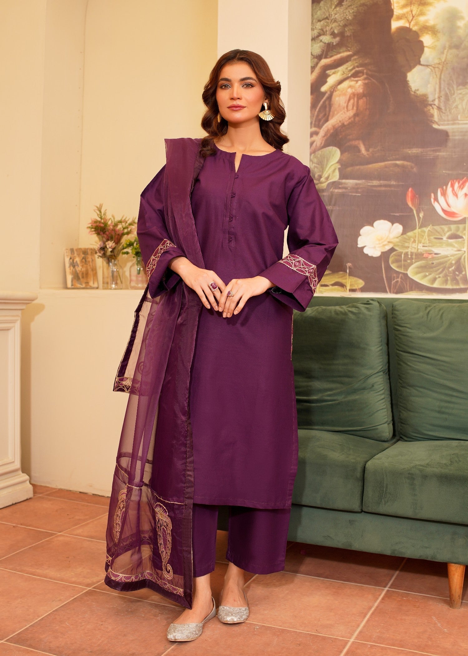 cotton Kurta Set in Red violet