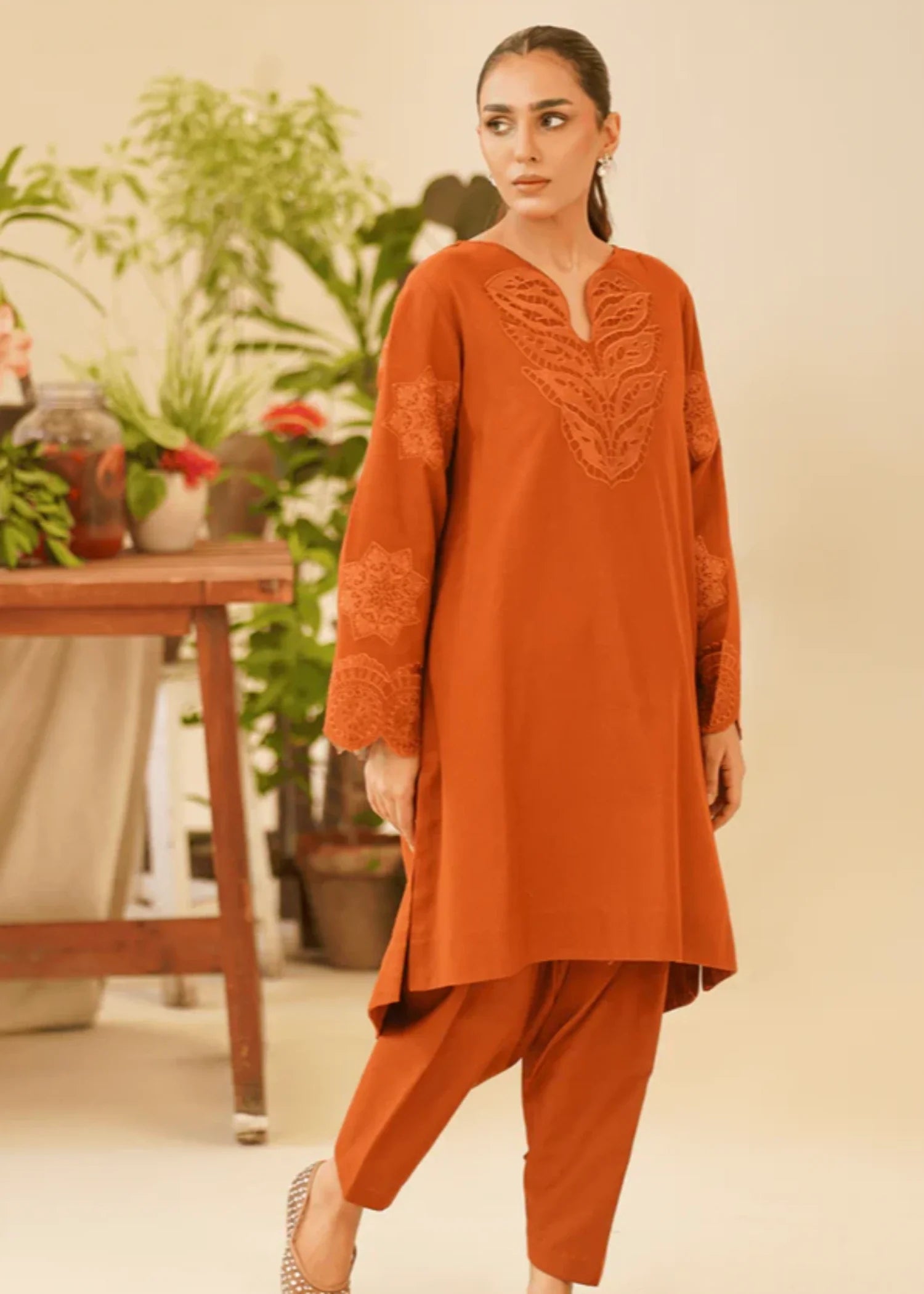 khaddar Kurta Set in Rust orange