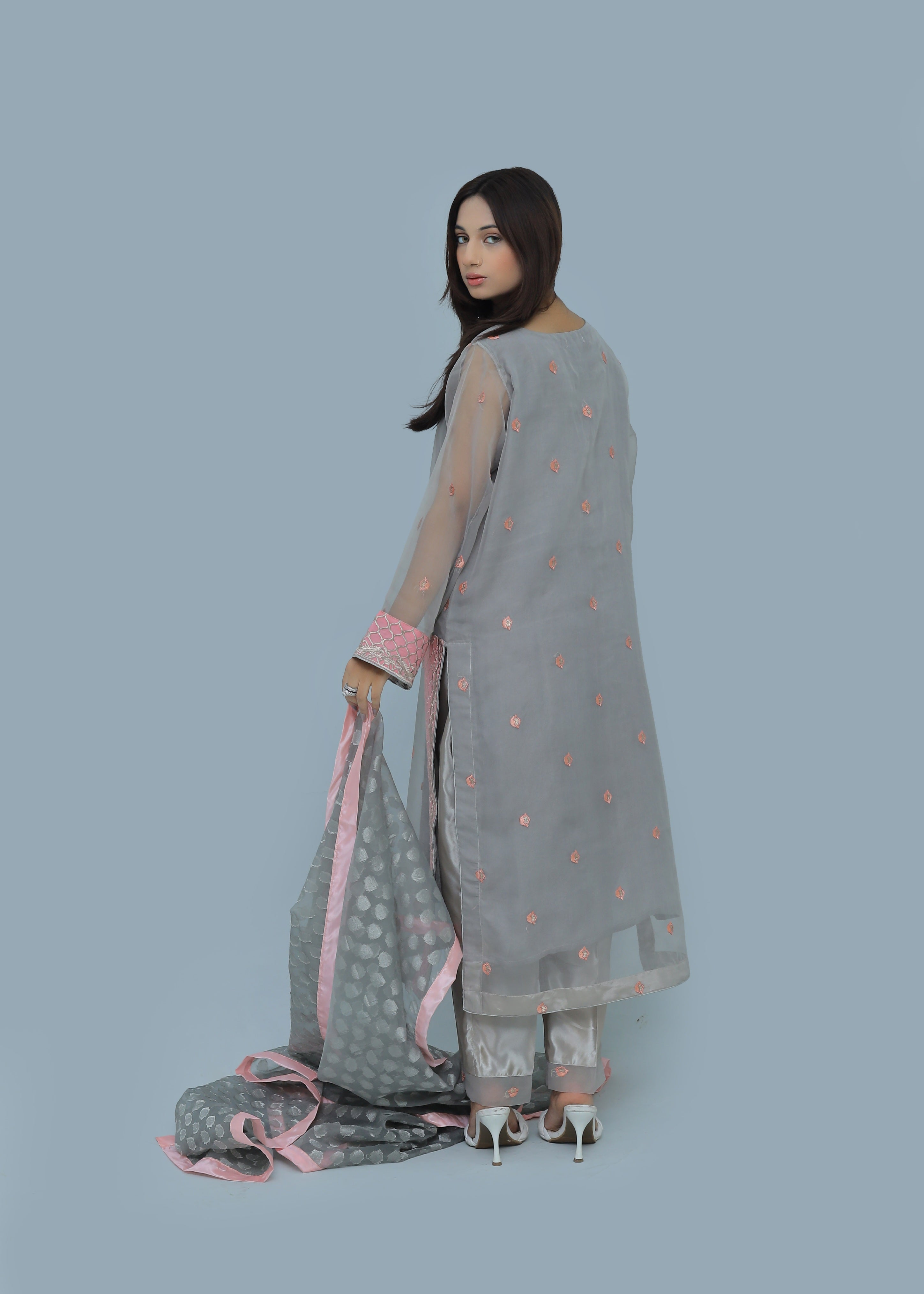 organza Kurta Set in Slate grey