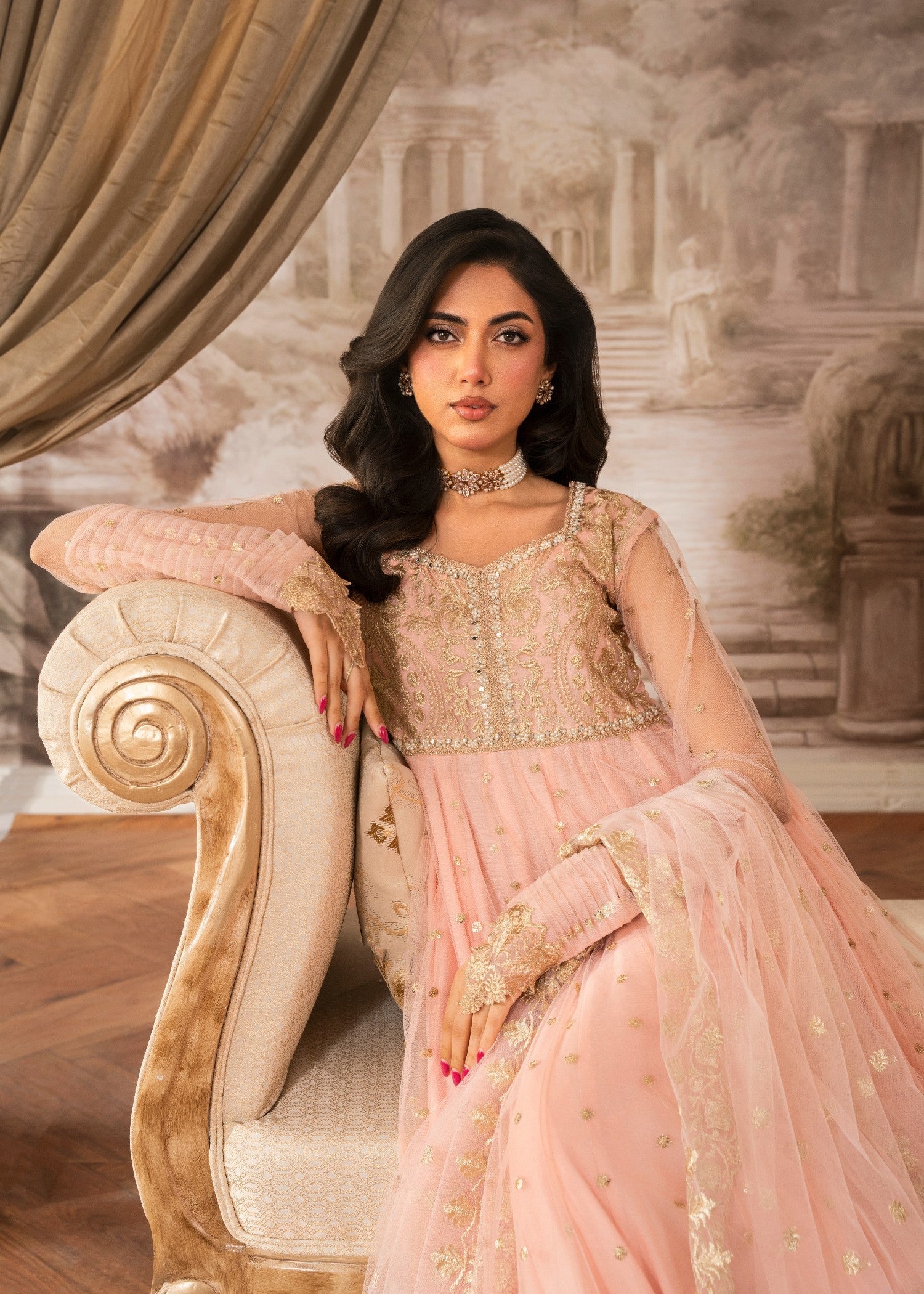 net Pishwas in Peach pink