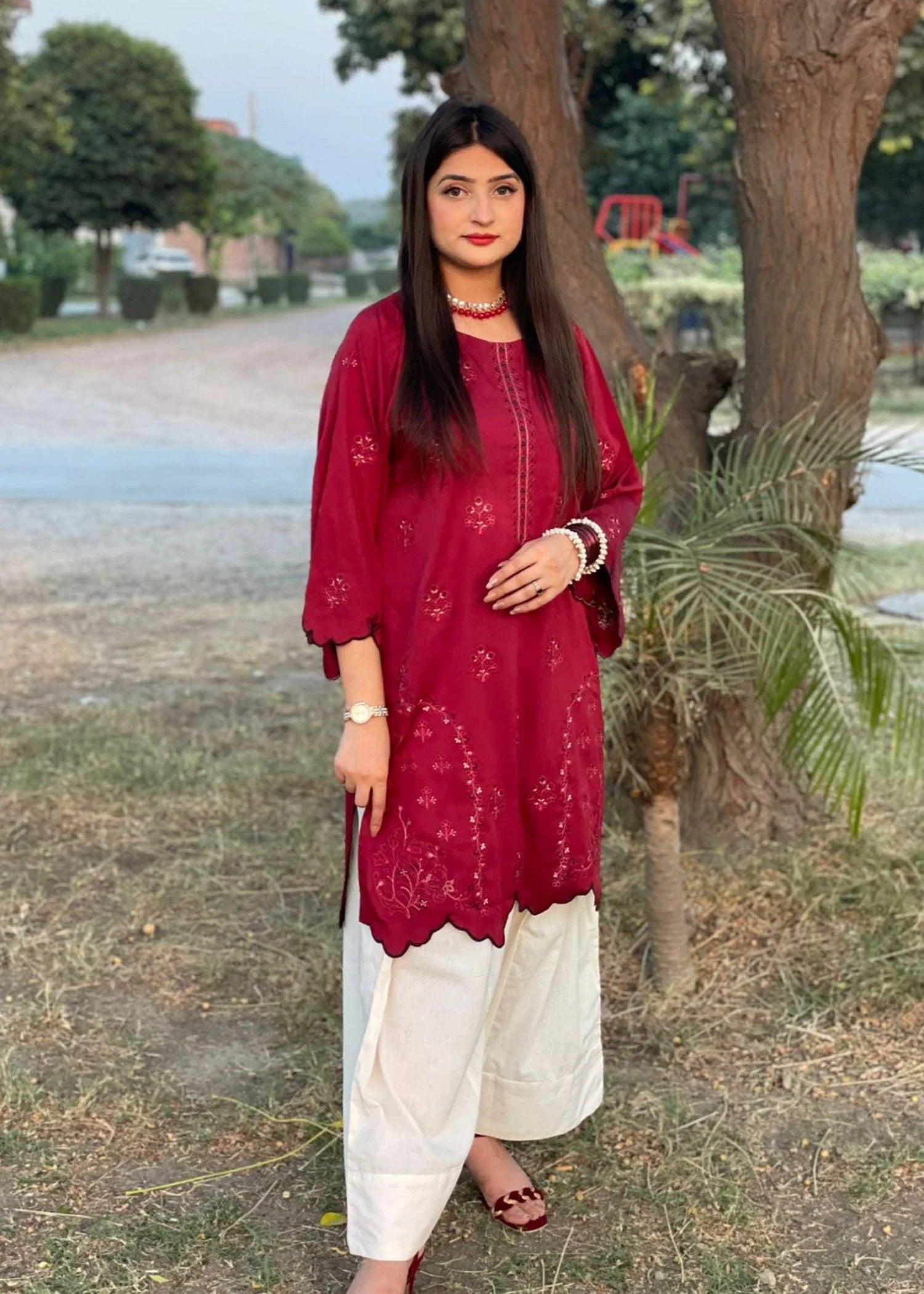 raw silk Kurta Set in Blood red, cream