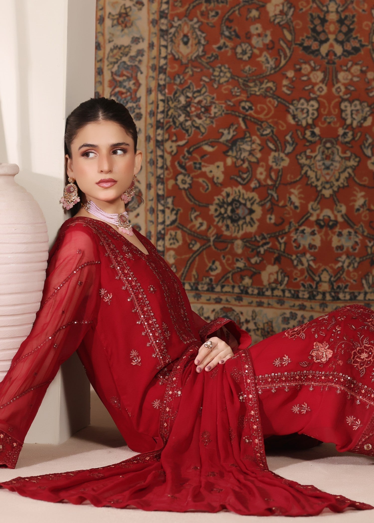 chiffon Kurta Set in Crimson