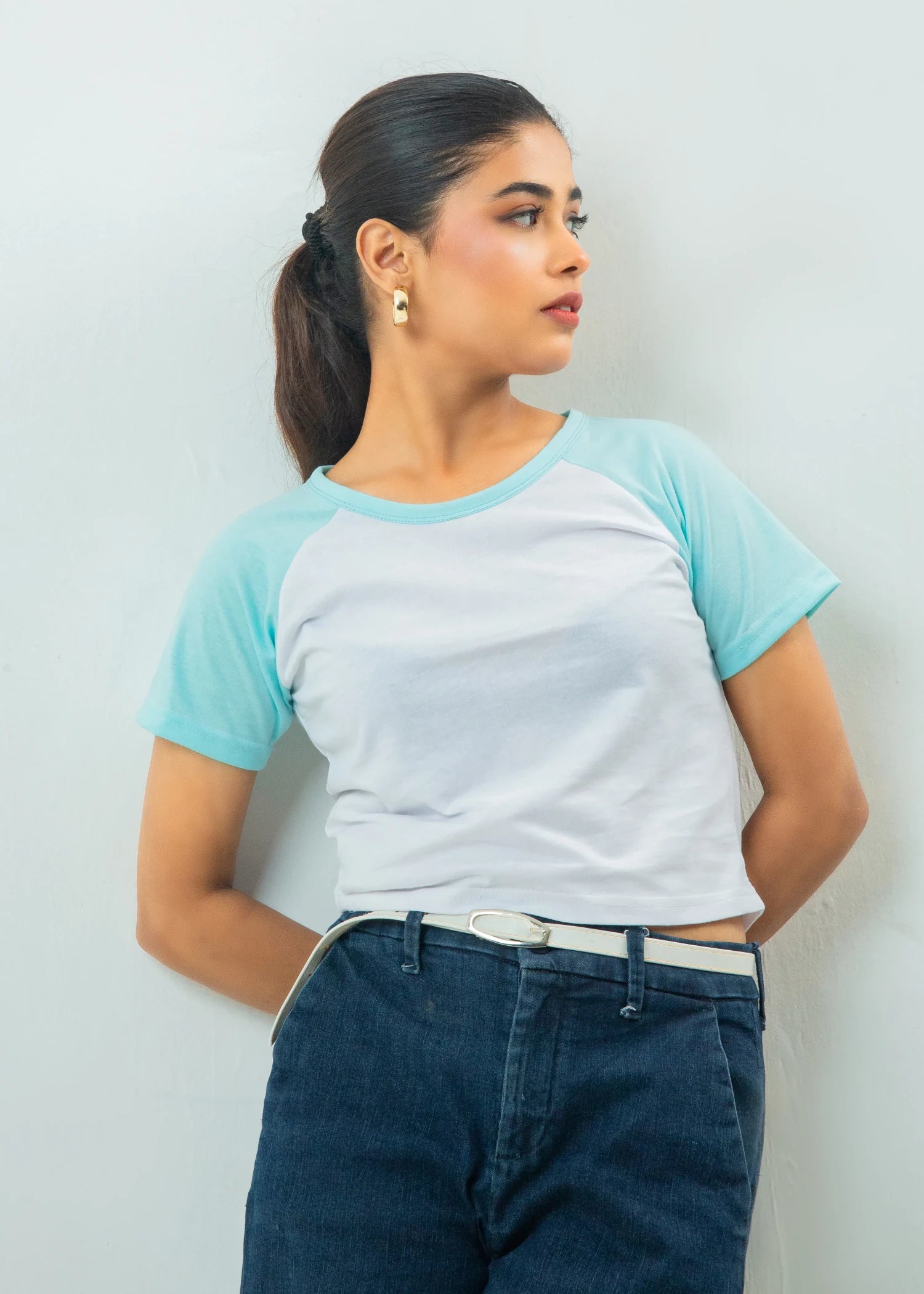 cotton jersey Top in Ice blue, white