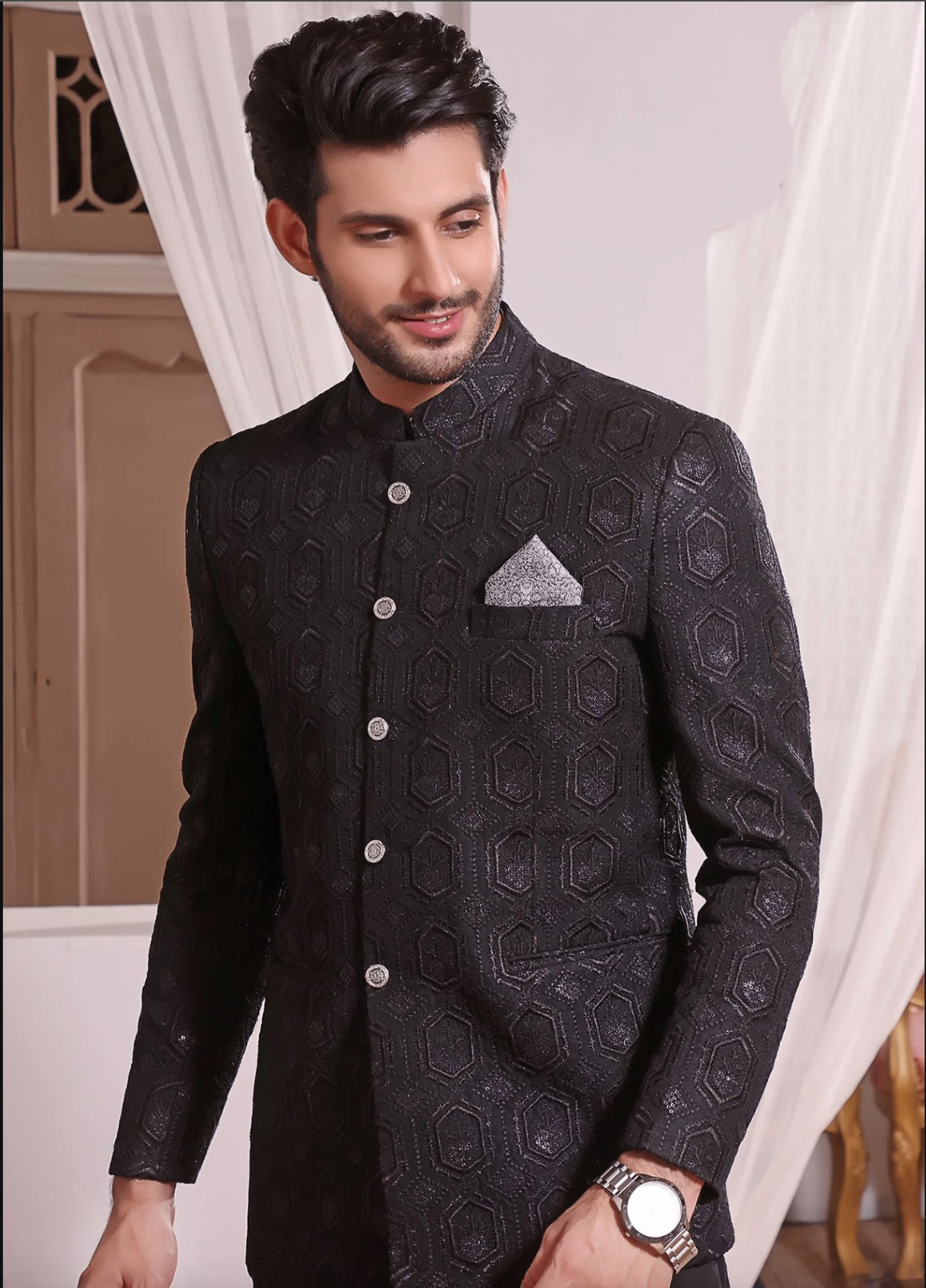 banarsi silk Prince Coat in Black