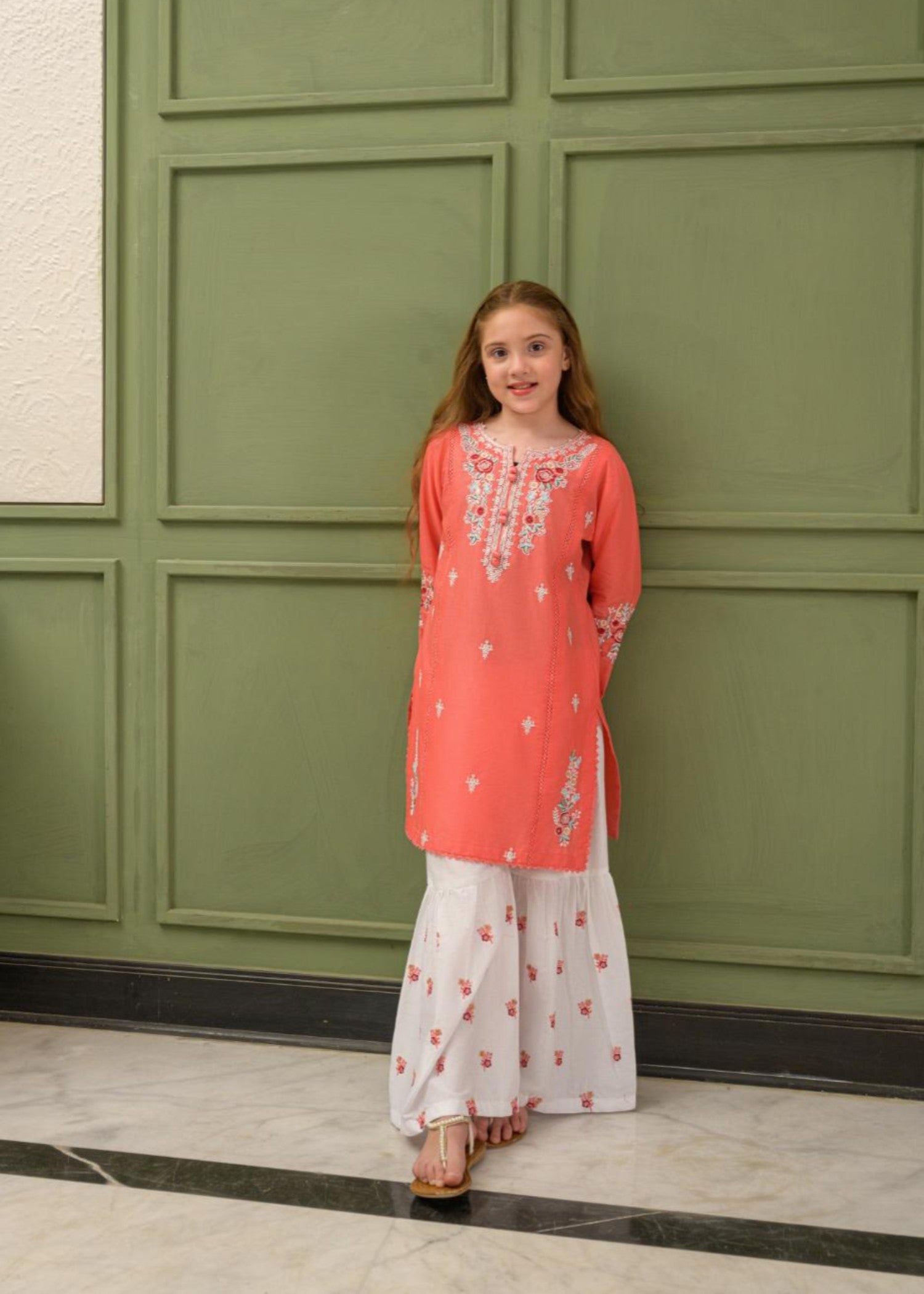 lawn Gharara in Coral pink